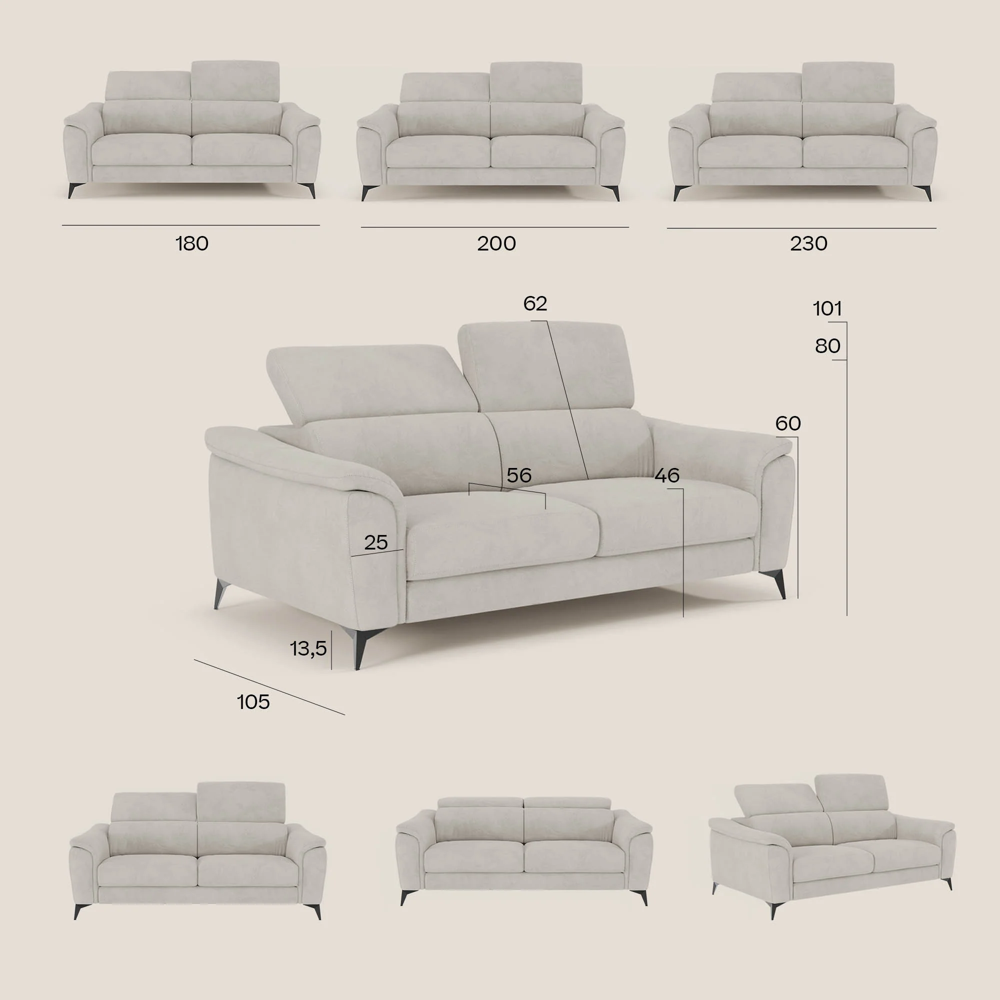 Arcos Canapé 3 places - pieds hauts et têtières inclinables en microfibre imperméable T11 bleu canard - Image 16