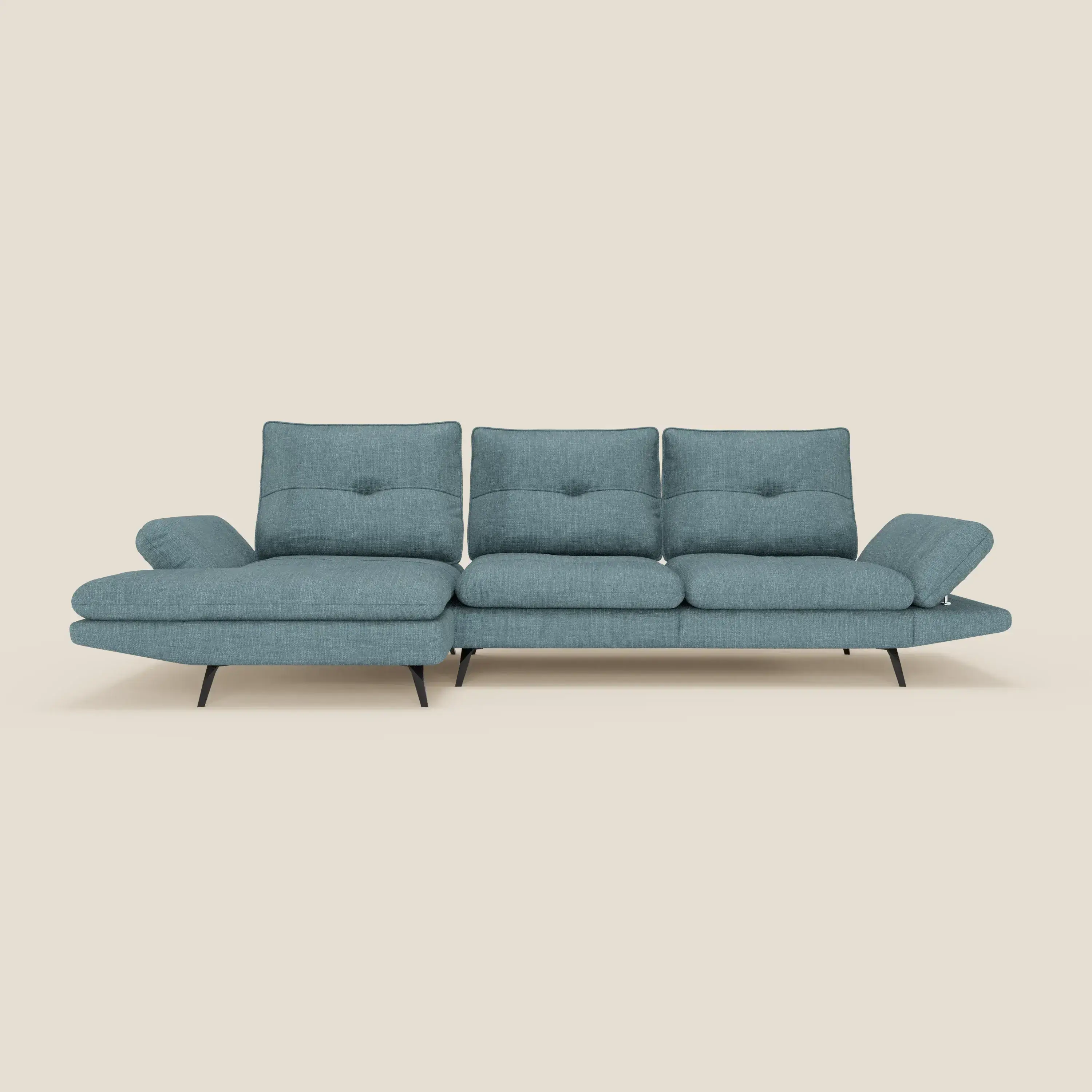 Ardex Canapé avec méridienne - dossiers coulissants et accoudoirs réglables en élégant tissu imperméable T06 bleu ciel