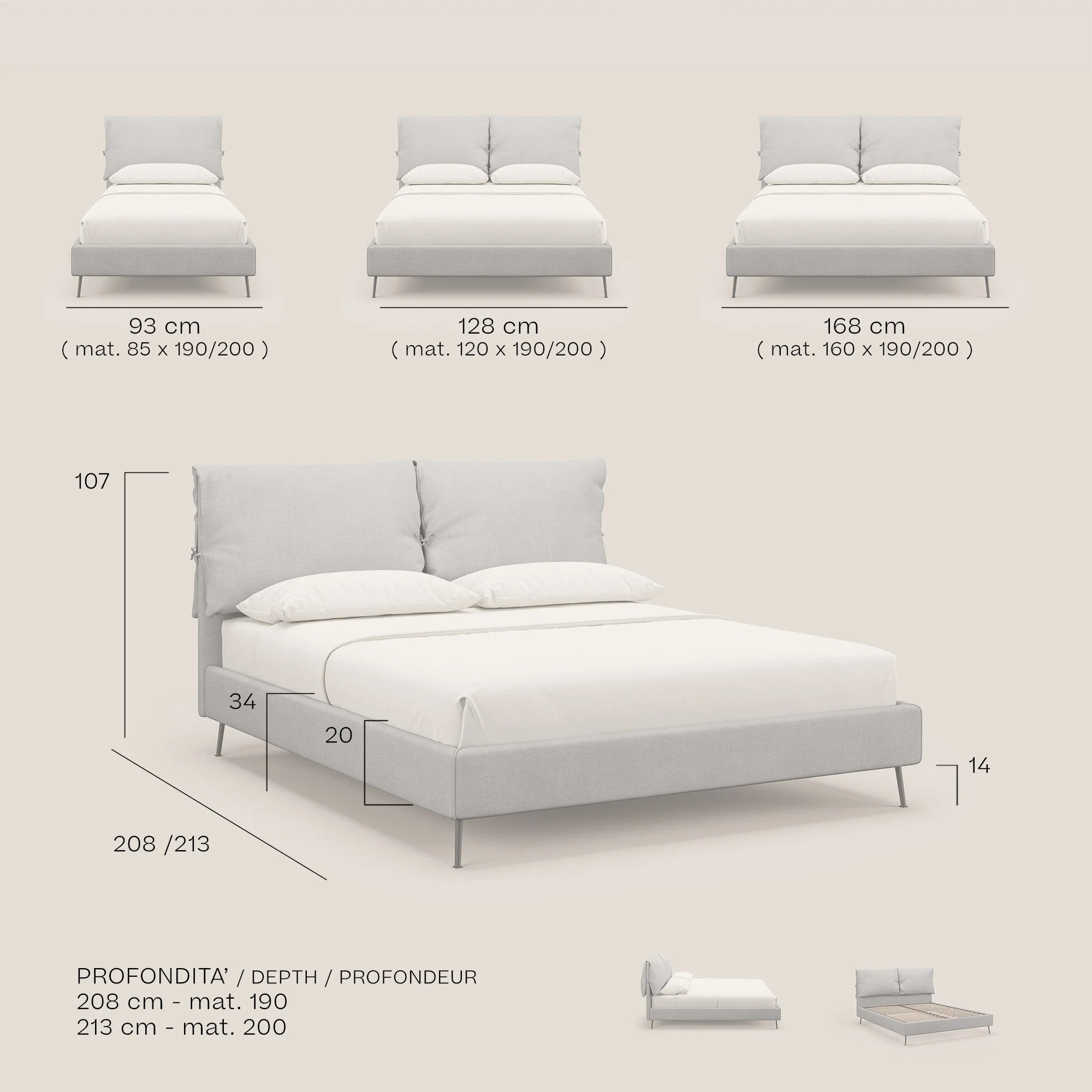 Artemisia lit rembourré avec pieds hauts déhoussable en tissu détachable T17 anthracite - Image 9