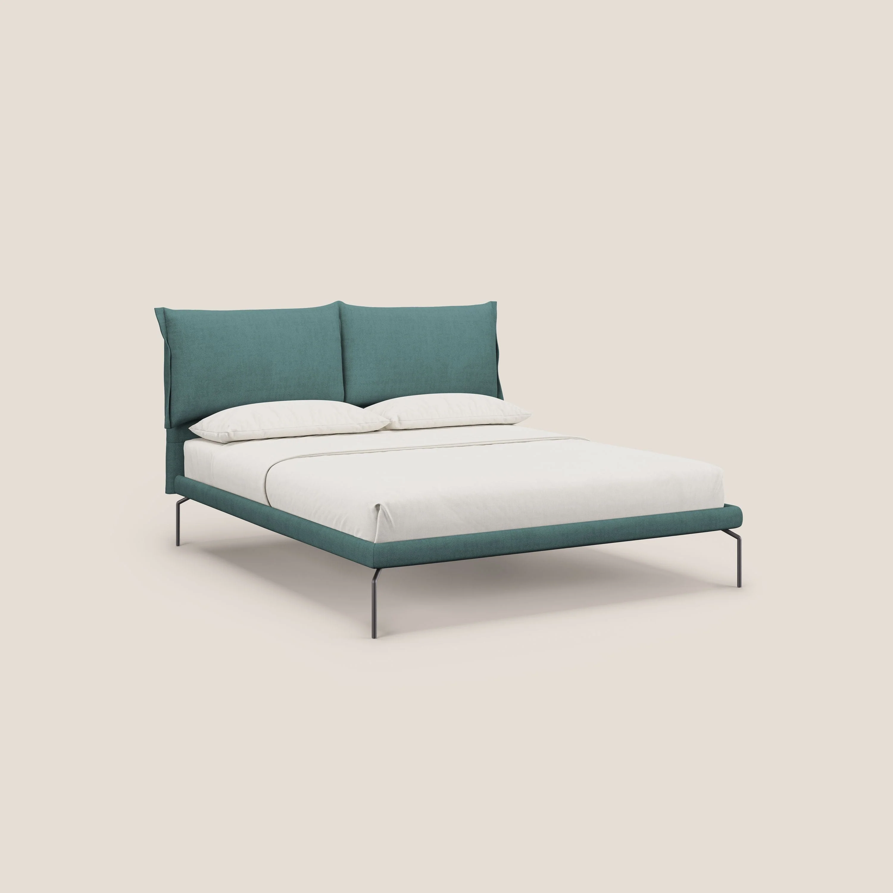 Bice lit rembourré avec coussins et pieds noirs en métal en tissu imperméable T02 bleu canard