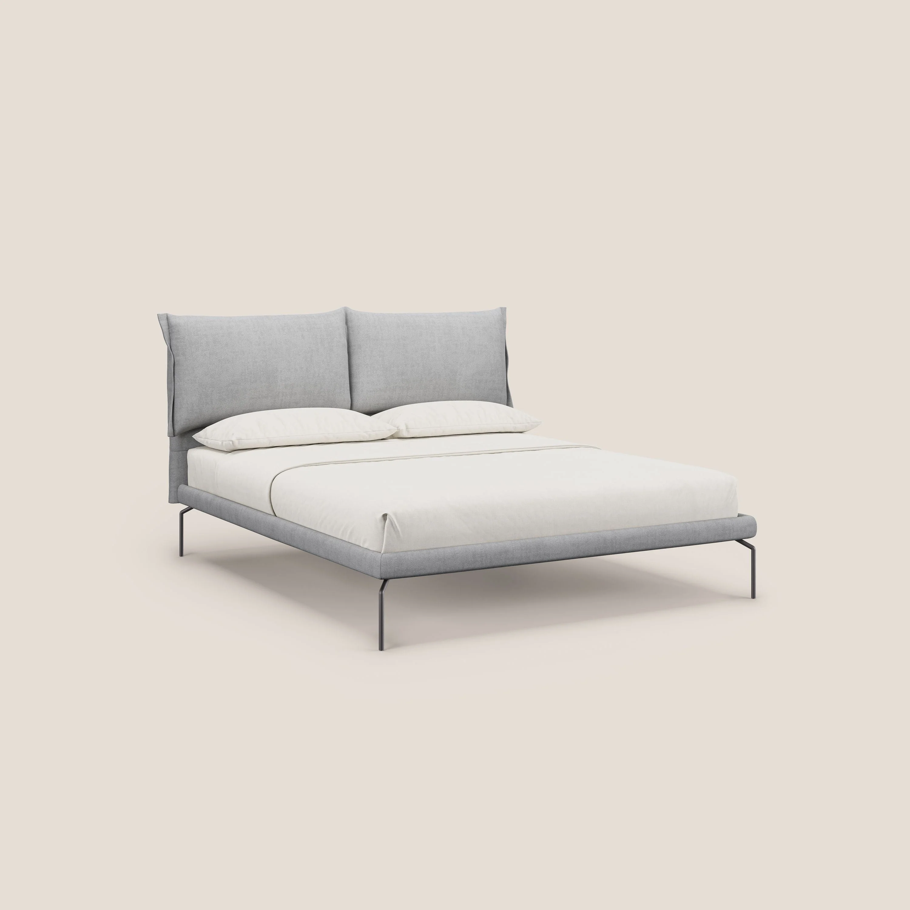 Bice lit rembourré avec coussins et pieds noirs en métal en tissu imperméable T02 gris clair