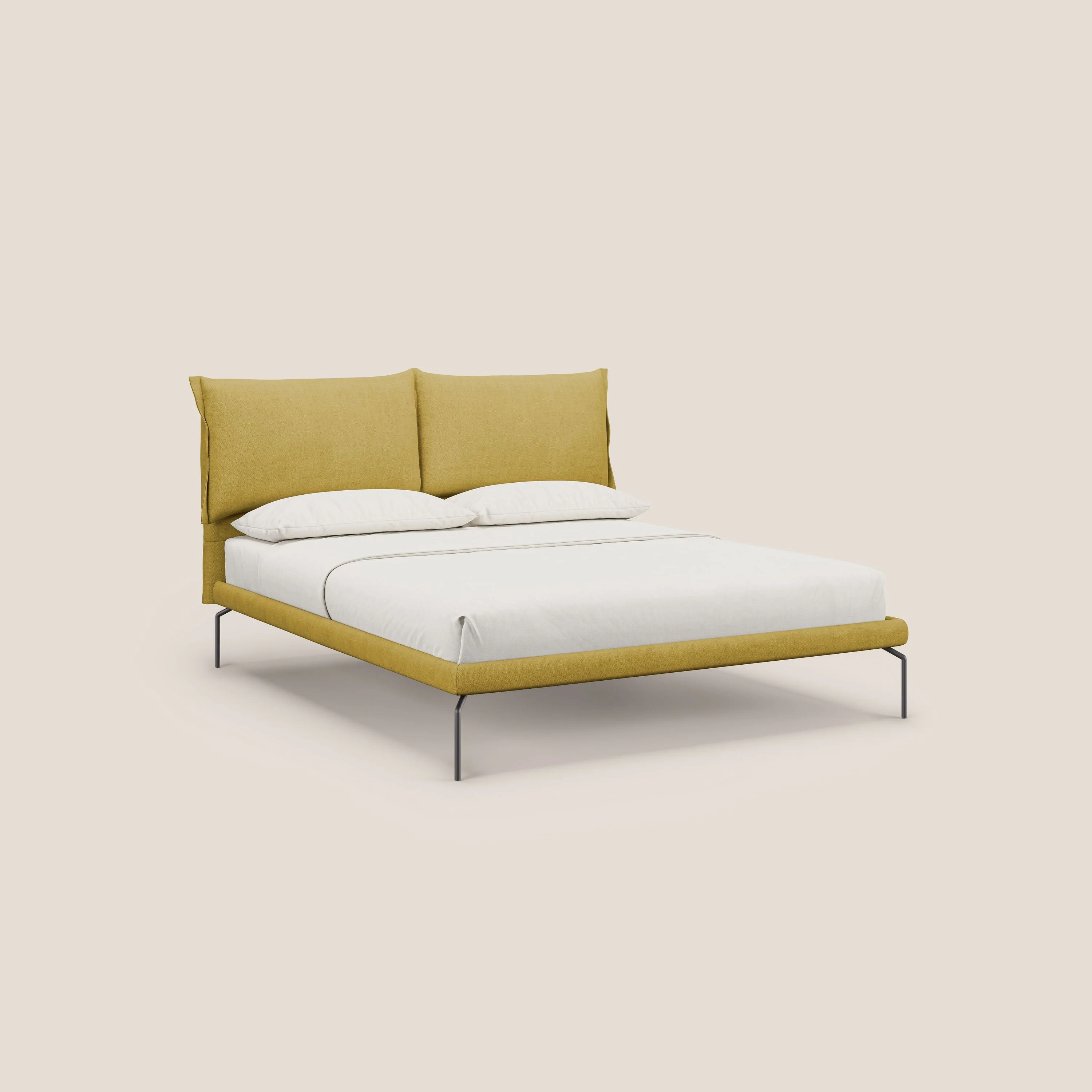 Bice lit rembourré avec coussins et pieds noirs en métal en tissu imperméable T02 jaune