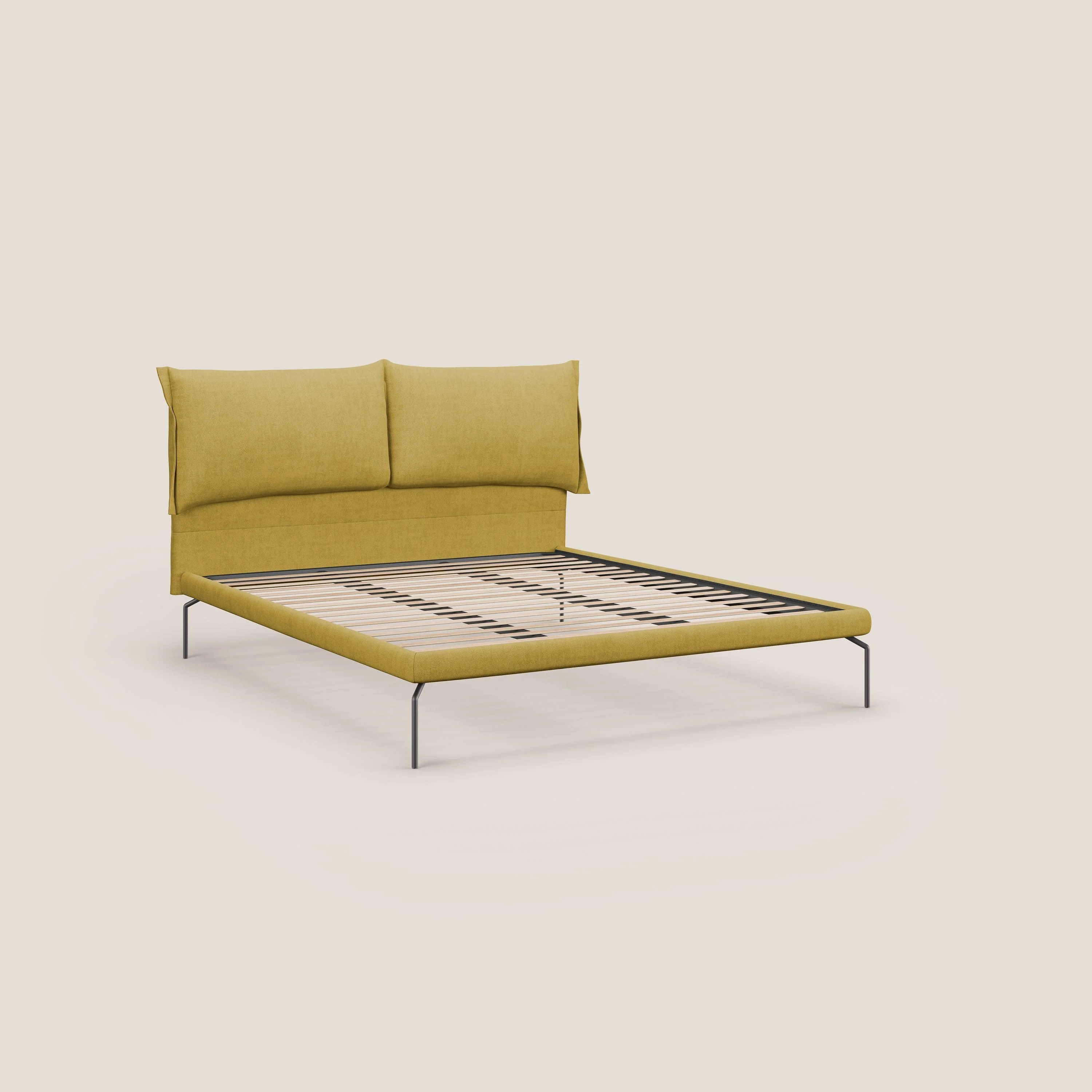 Bice lit rembourré avec coussins et pieds noirs en métal en tissu imperméable T02 jaune - Image 7