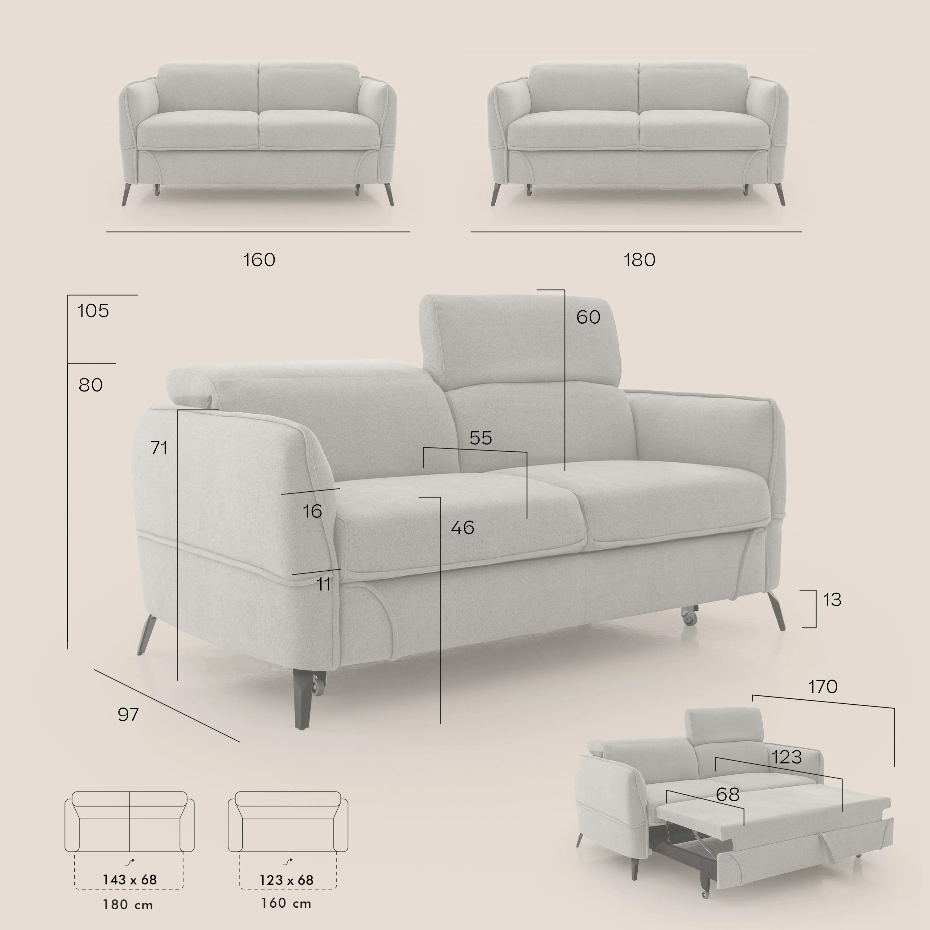 Bloom canapé avec repose-pieds extractible pieds hauts et têtières réglables en bouclette imperméable T07 gris - Image 13