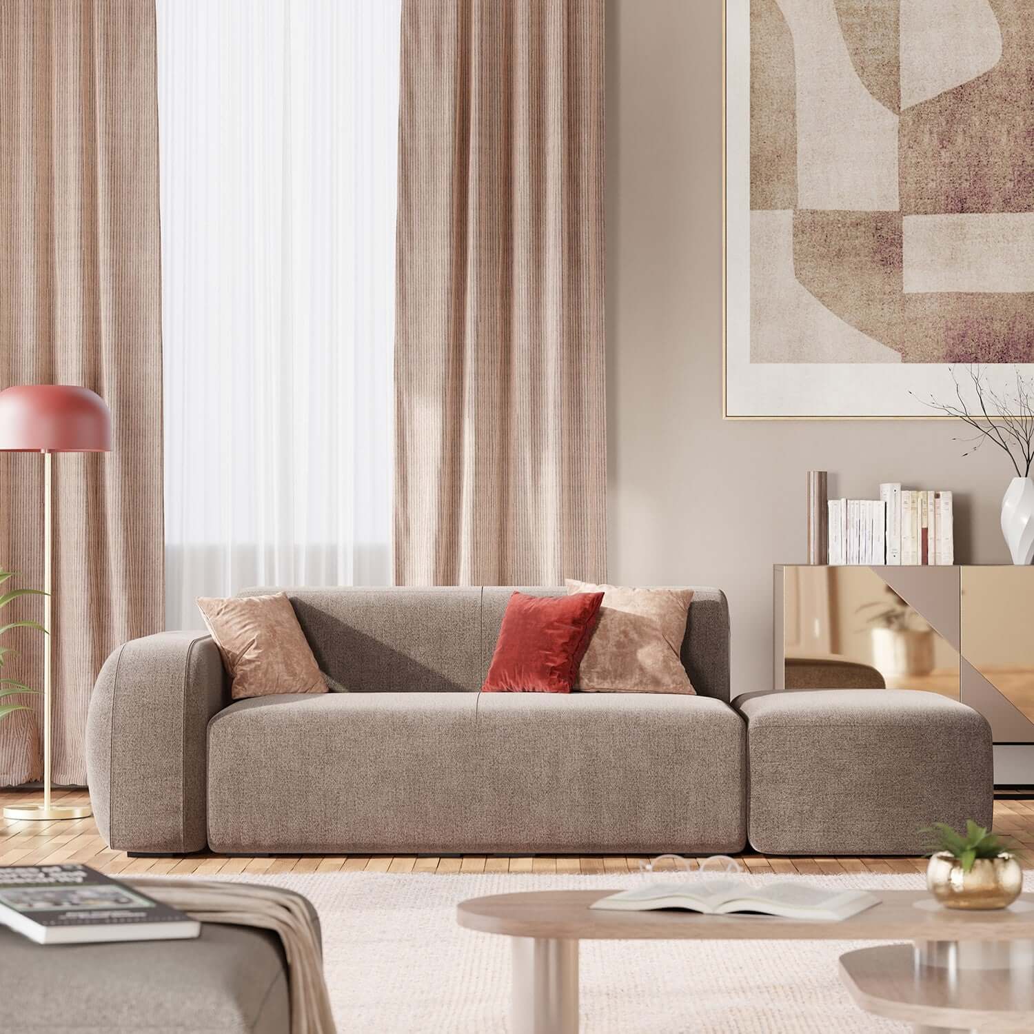 BonBon Canapé modulable – Composition avec pouf terminal en tissu détachable T23 taupe - Image 2