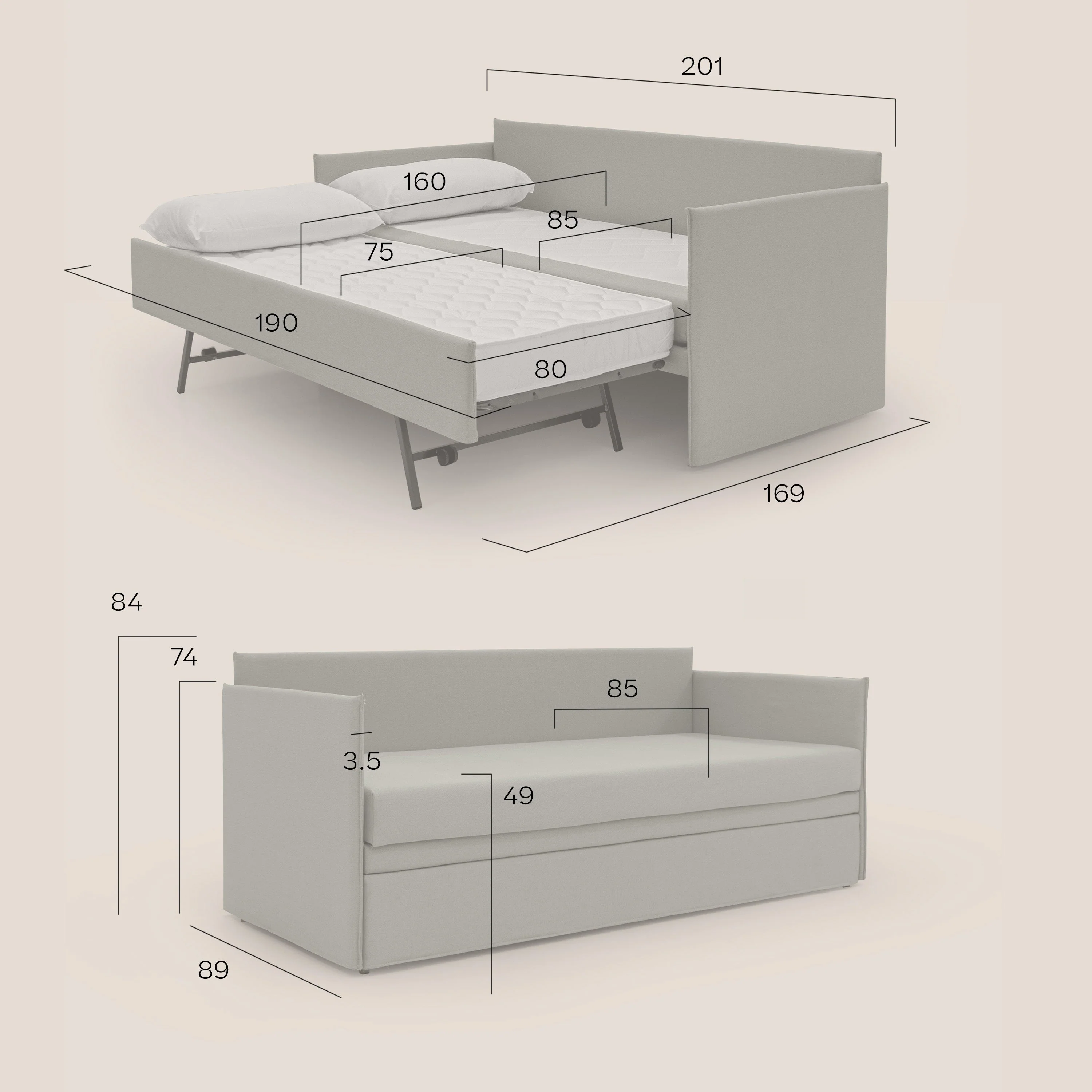 Brenta Canapé duplex avec lits jumeaux et tissu effet coton imperméable T13 crème - Image 9