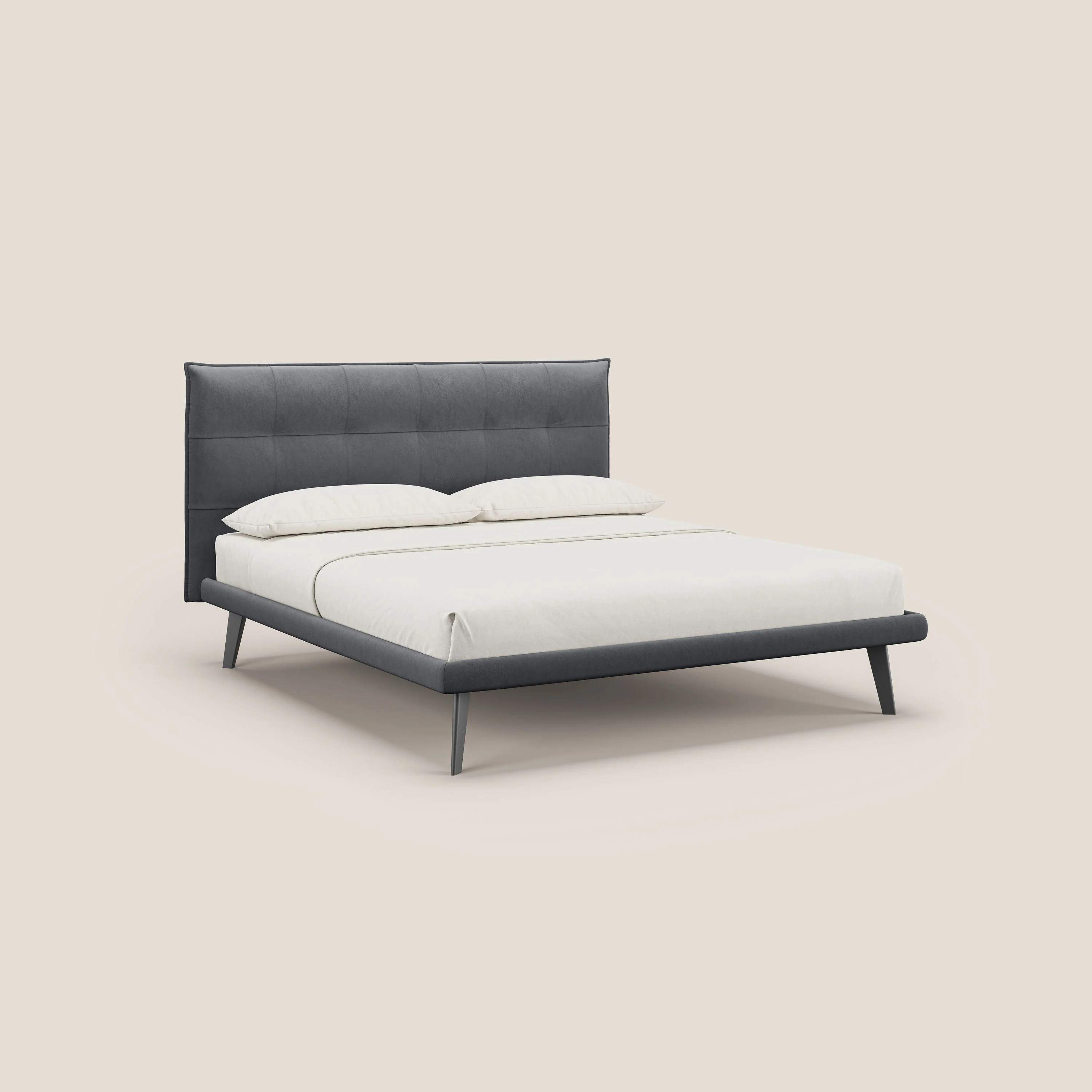 Brigitte lit avec tête de lit matelassée pieds hauts foncés et tissu imperméable T09 gris