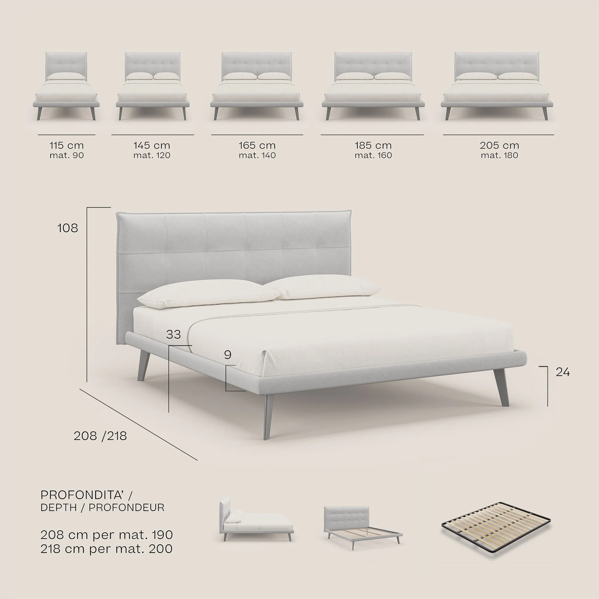Brigitte lit avec tête de lit matelassée pieds hauts foncés et tissu imperméable T09 gris - Image 9