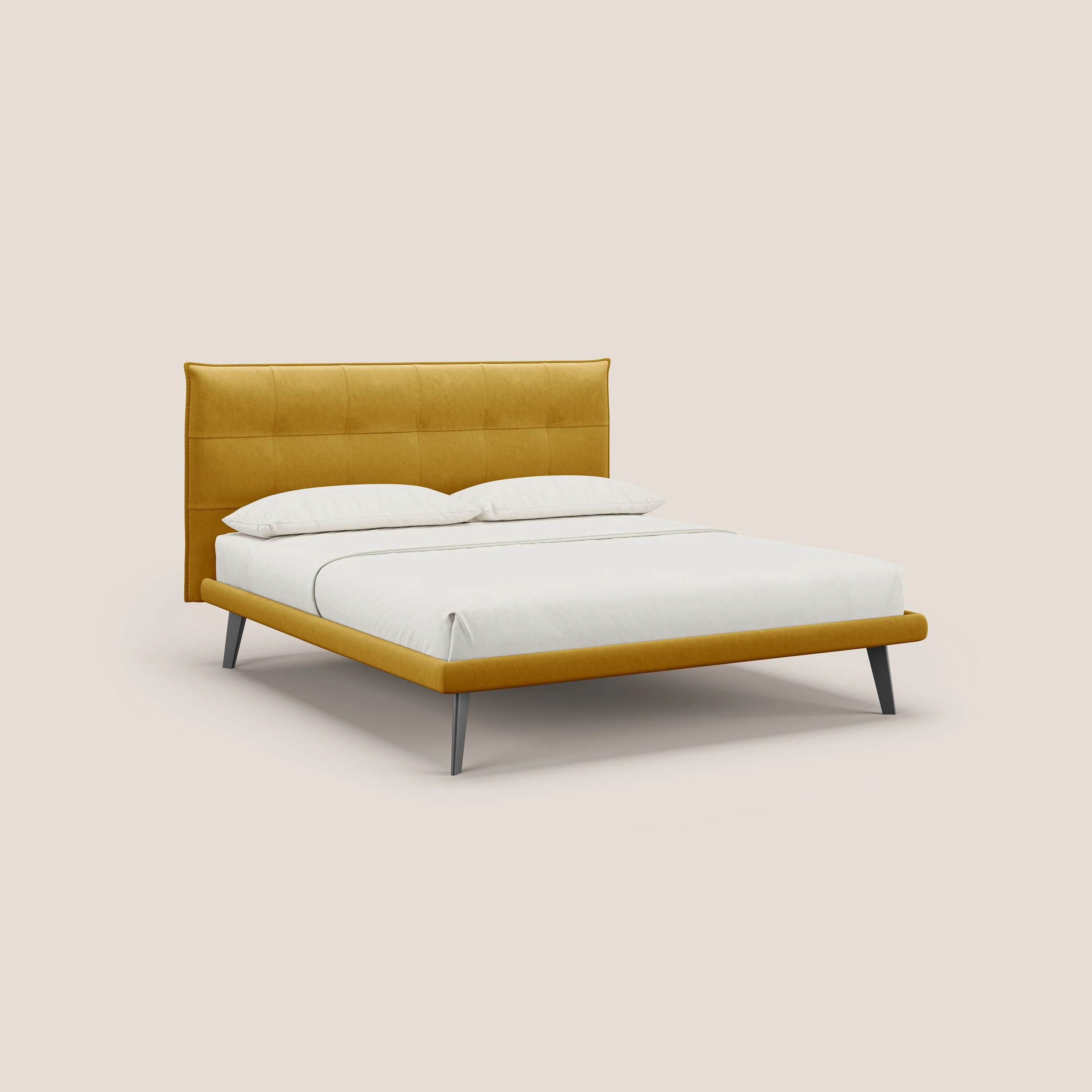 Brigitte lit avec tête de lit matelassée pieds hauts foncés et tissu imperméable T09 jaune