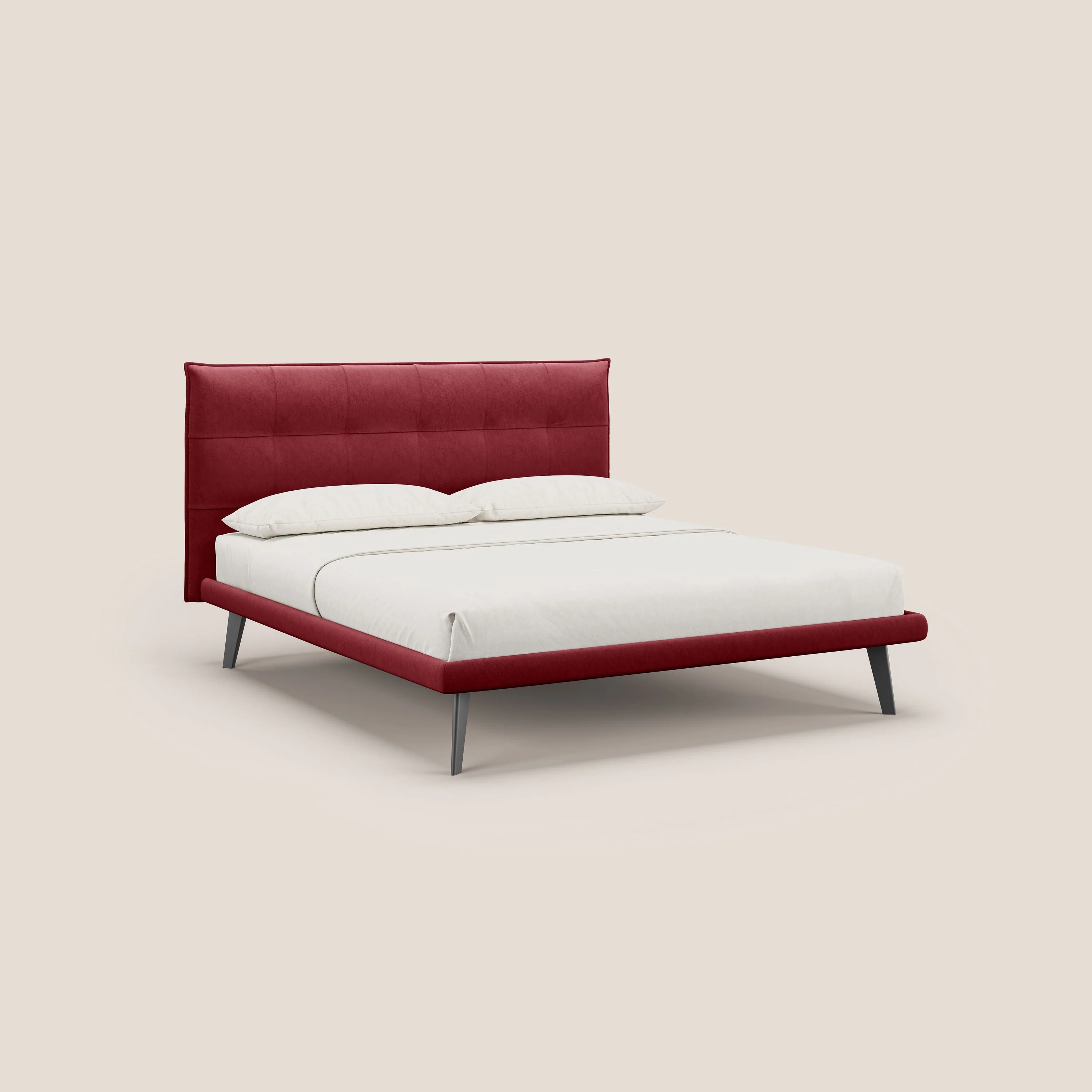 Brigitte lit avec tête de lit matelassée pieds hauts foncés et tissu imperméable T09 rouge