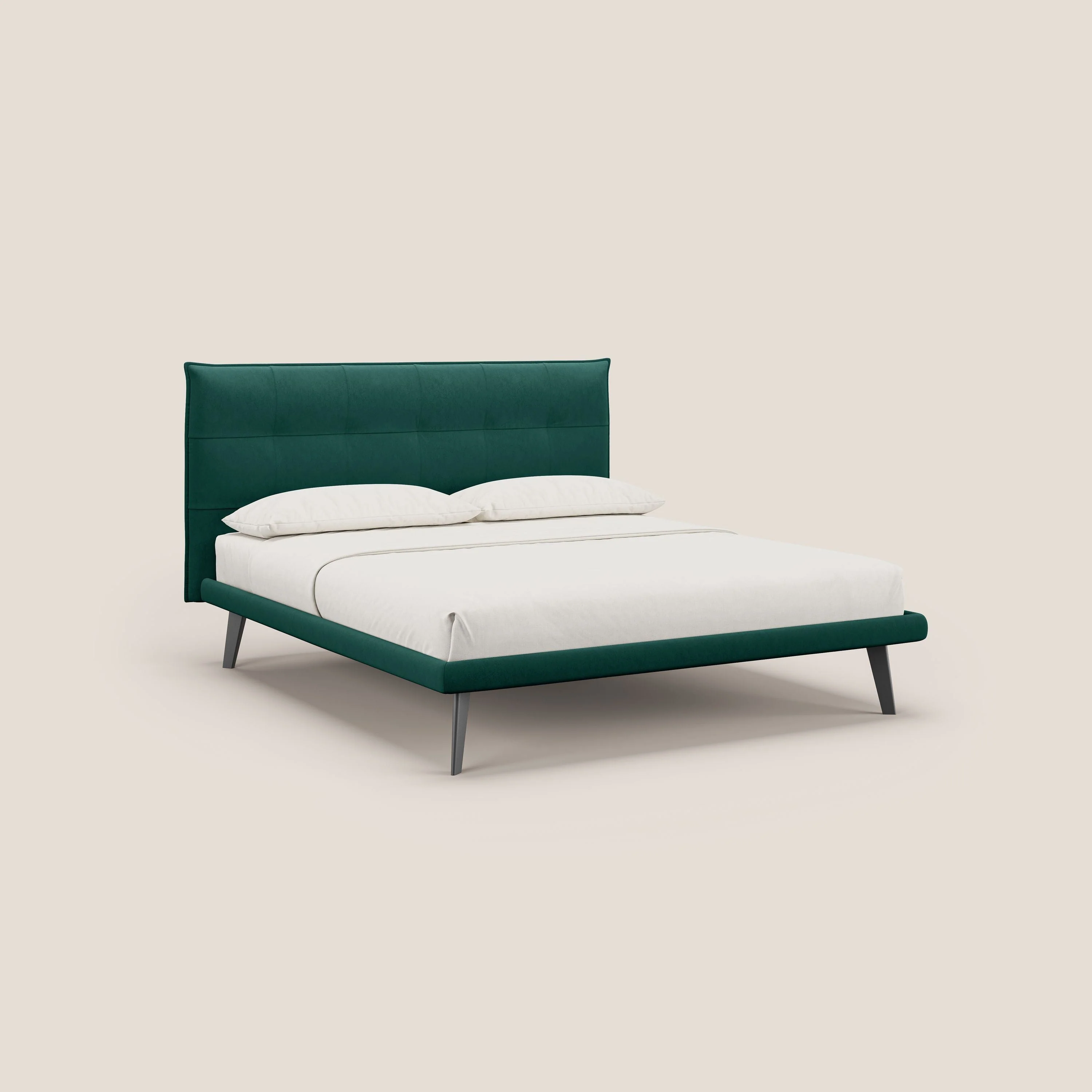Brigitte lit avec tĂȘte de lit matelassĂ©e pieds hauts foncĂ©s et tissu impermĂ©able T09 vert