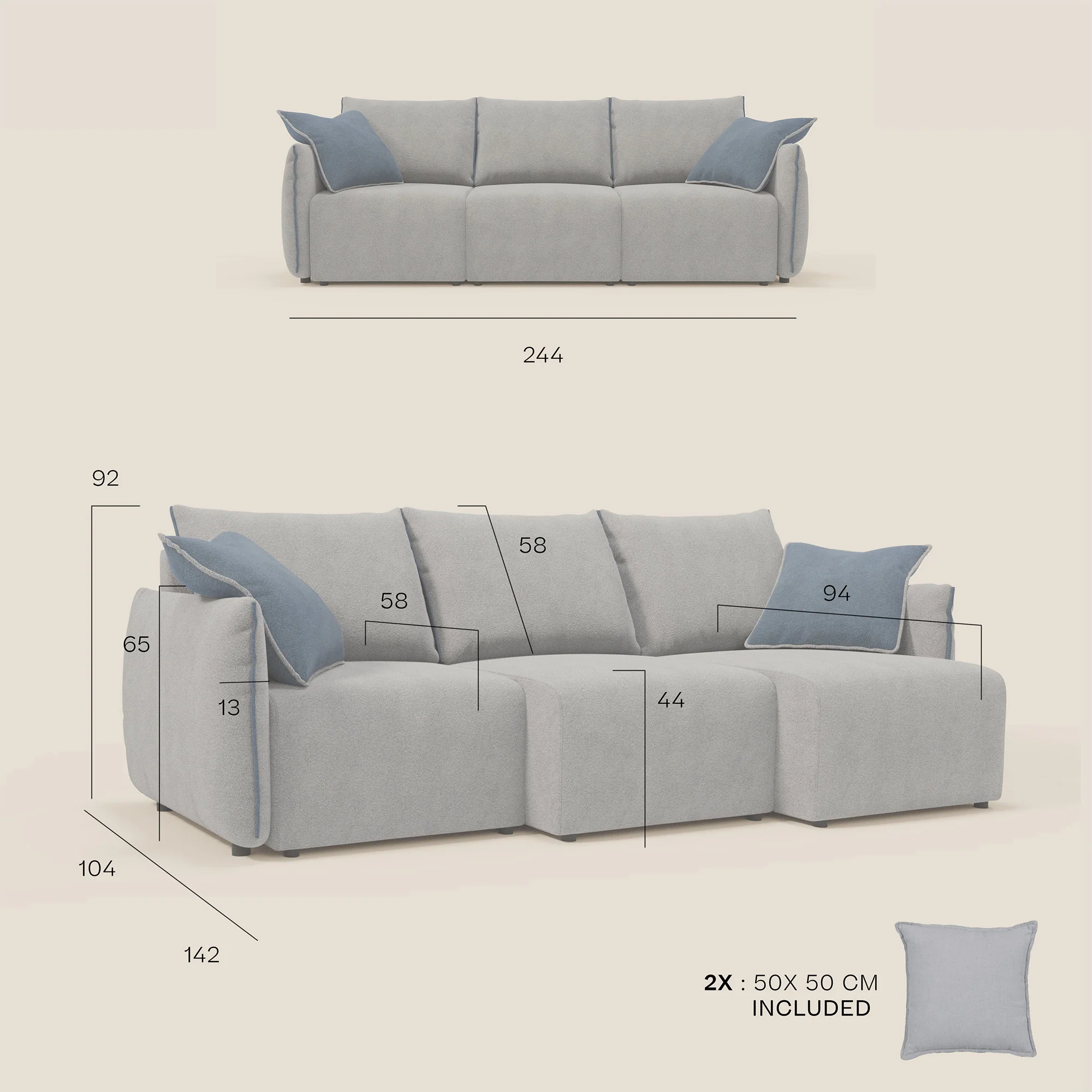 Flexar Canapé  avec 3 assises coulissantes et dossier en duvet en bouclette douce et imperméable T07 Bleu - orange - Image 14