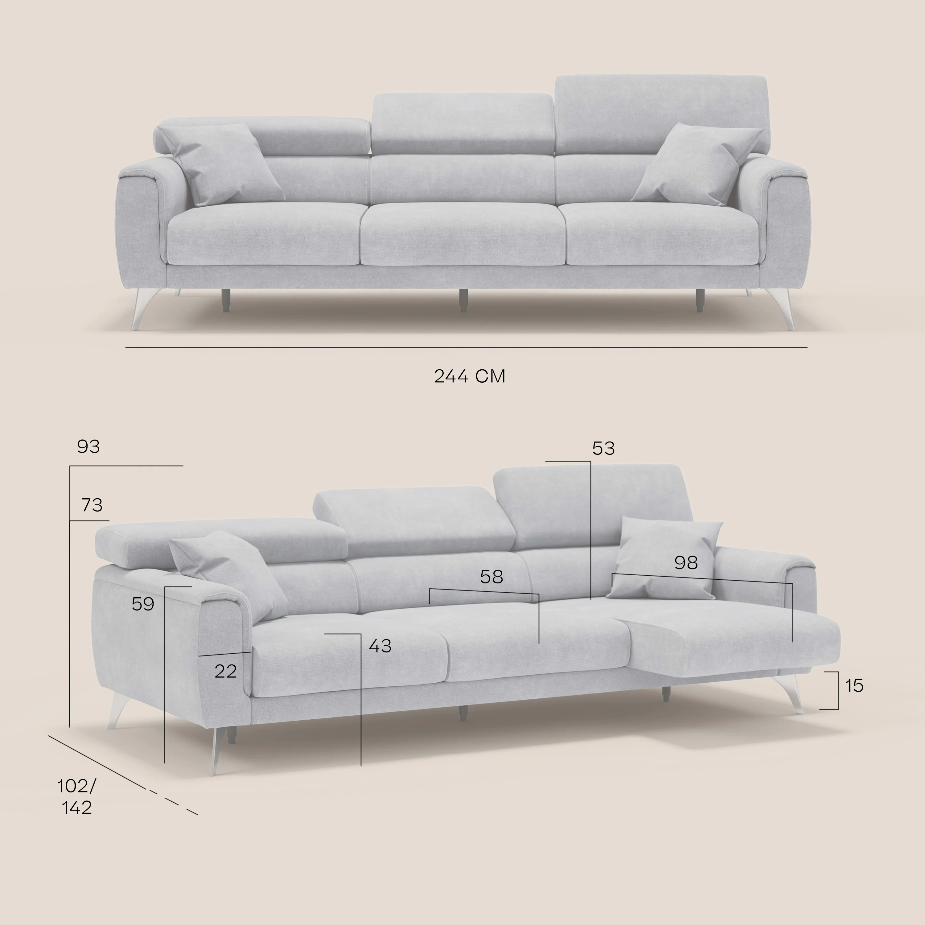 Caravaggio canapé 3 assises extensibles et têtières réglables en tissu imperméable T02 gris - Image 12