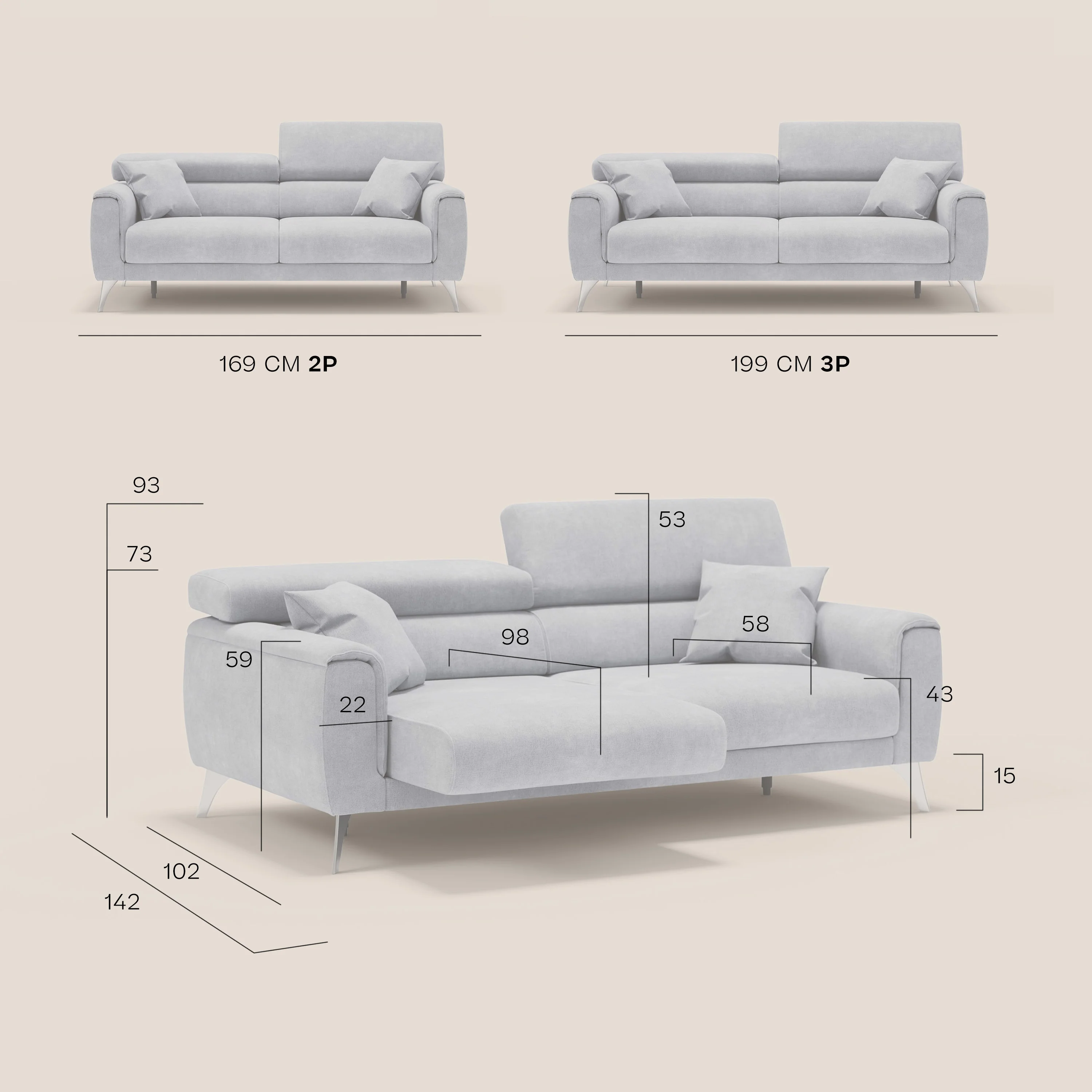 Caravaggio Canapé avec assises extensibles et têtières réglables en tissu imperméable T02 gris - Image 12