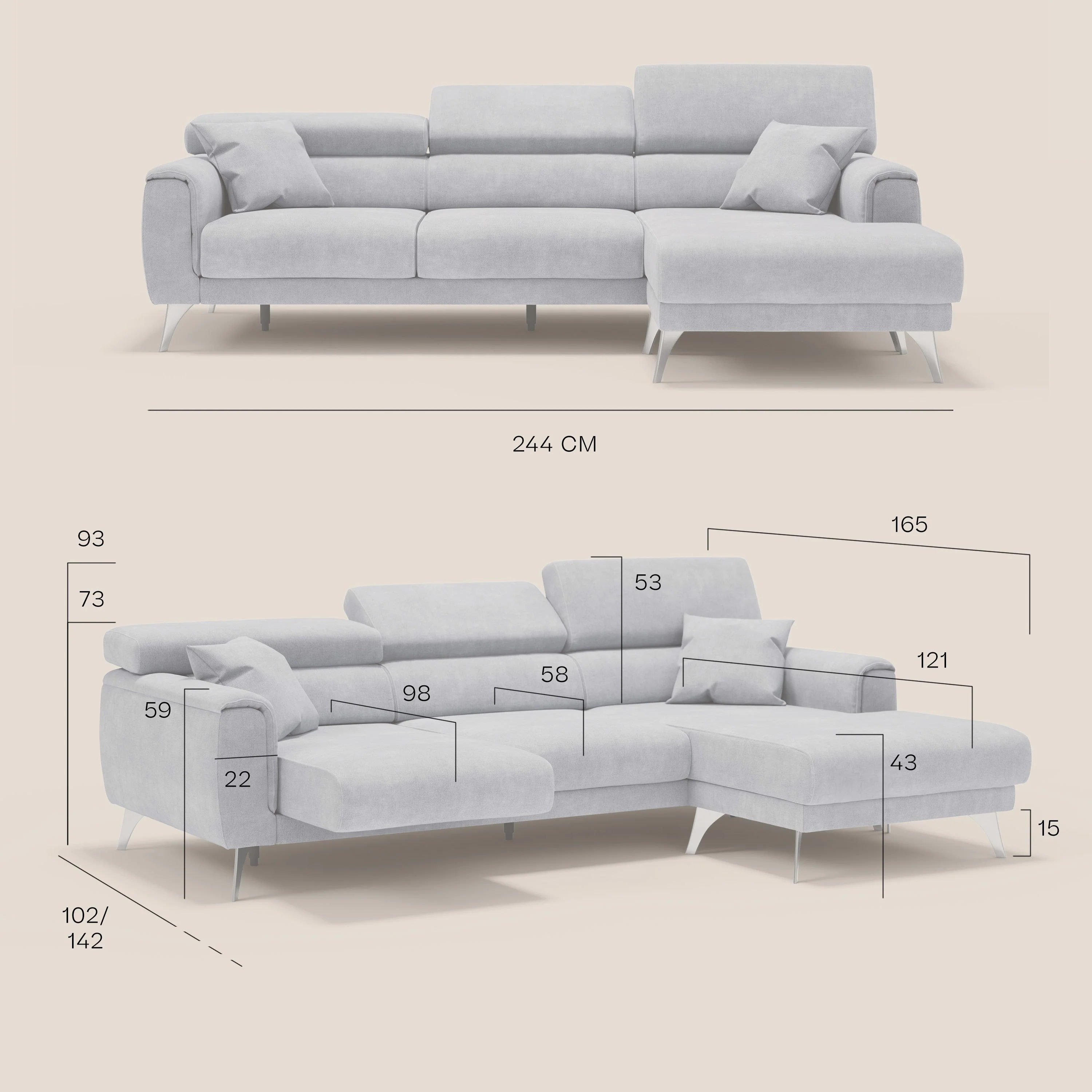 Caravaggio Canapé d'angle avec assises coulissantes en tissu doux imperméable T02 Bleu ciel - Image 12