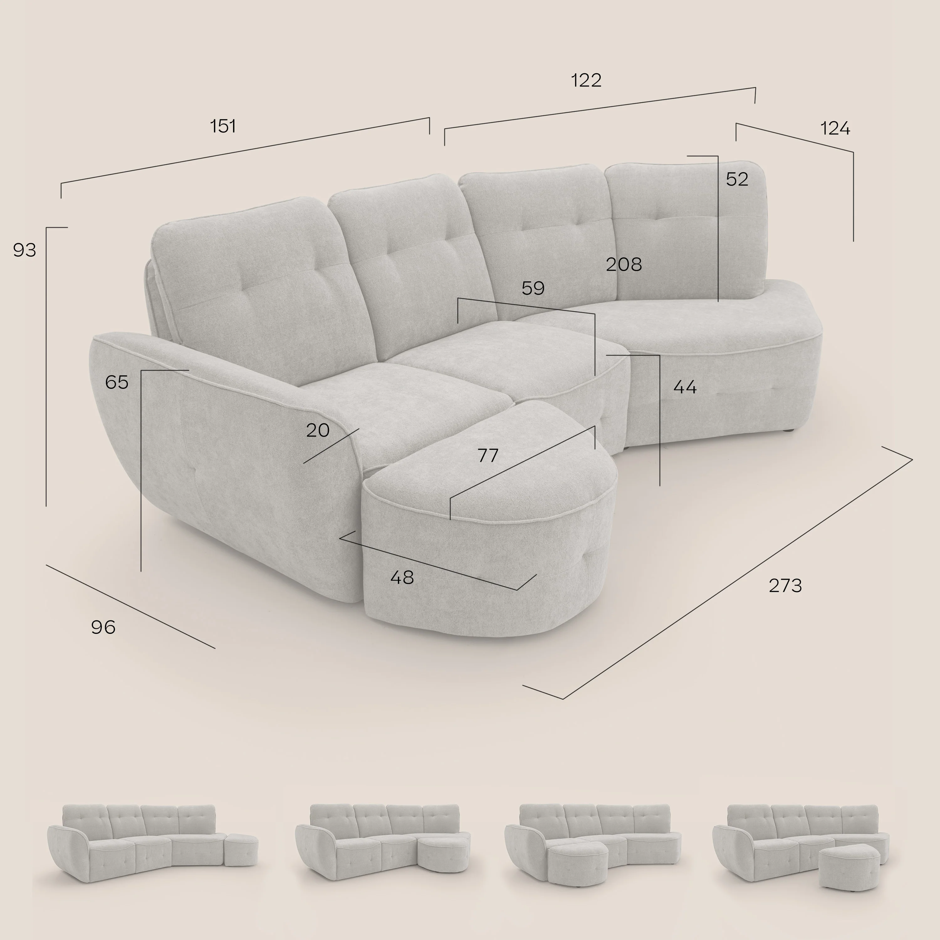 Cerbero canapé d'angle avec pouf terminal en bouclette douce imperméable T07 blanc - Image 12