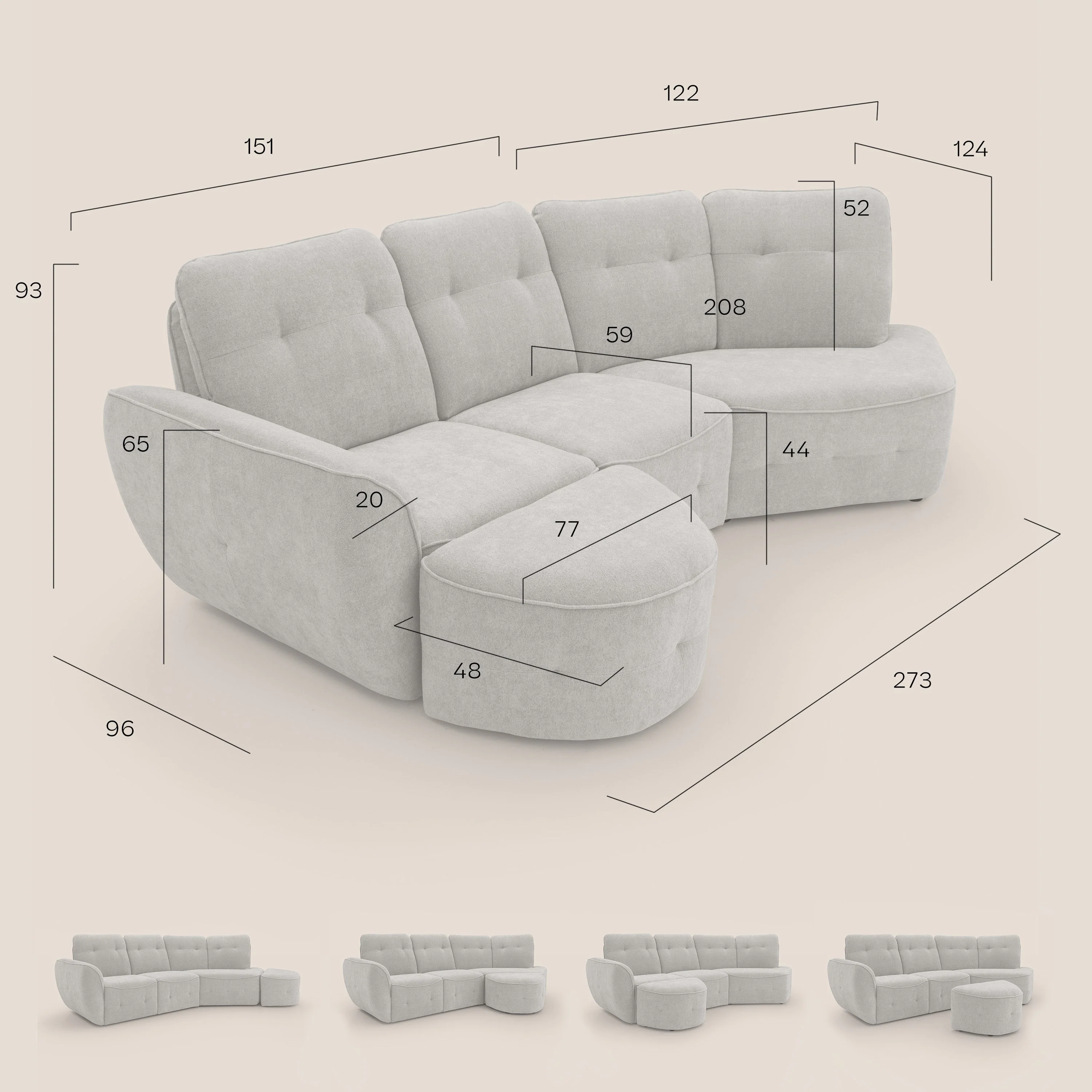 Cerbero canapé d'angle avec pouf terminal en bouclette douce imperméable T07 sucre glace - Image 16