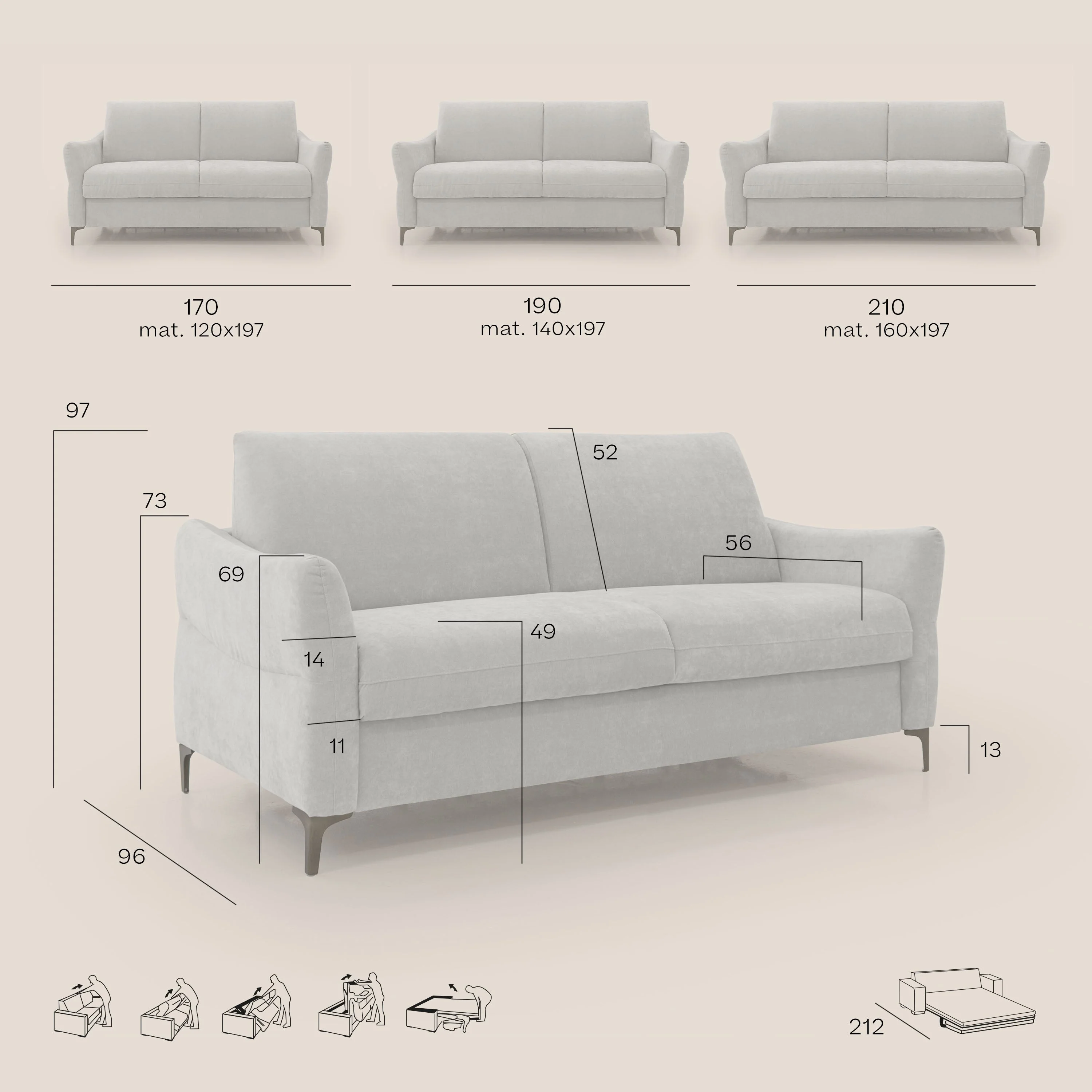 Dalia canapé convertible avec matelas H 18cm et pieds hauts en tissu détachable raffiné T17 gris - Image 11