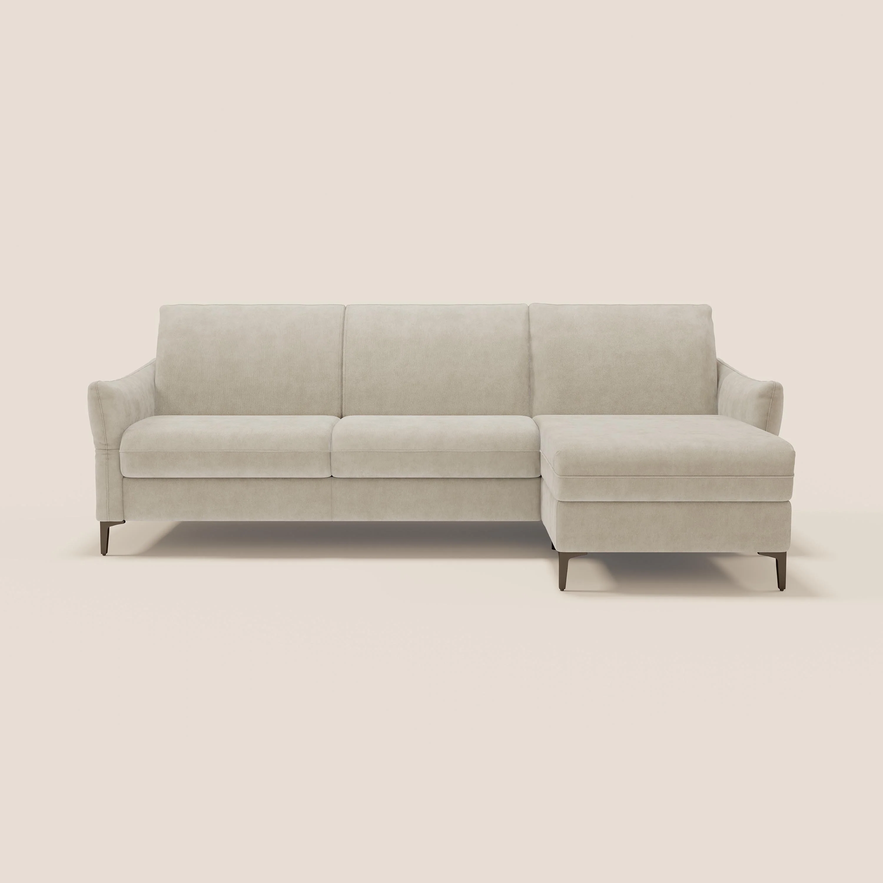 Dalia Canapé d'angle convertible avec matelas H18 cm et chaise longue coffre en tissu détachable T17 crème