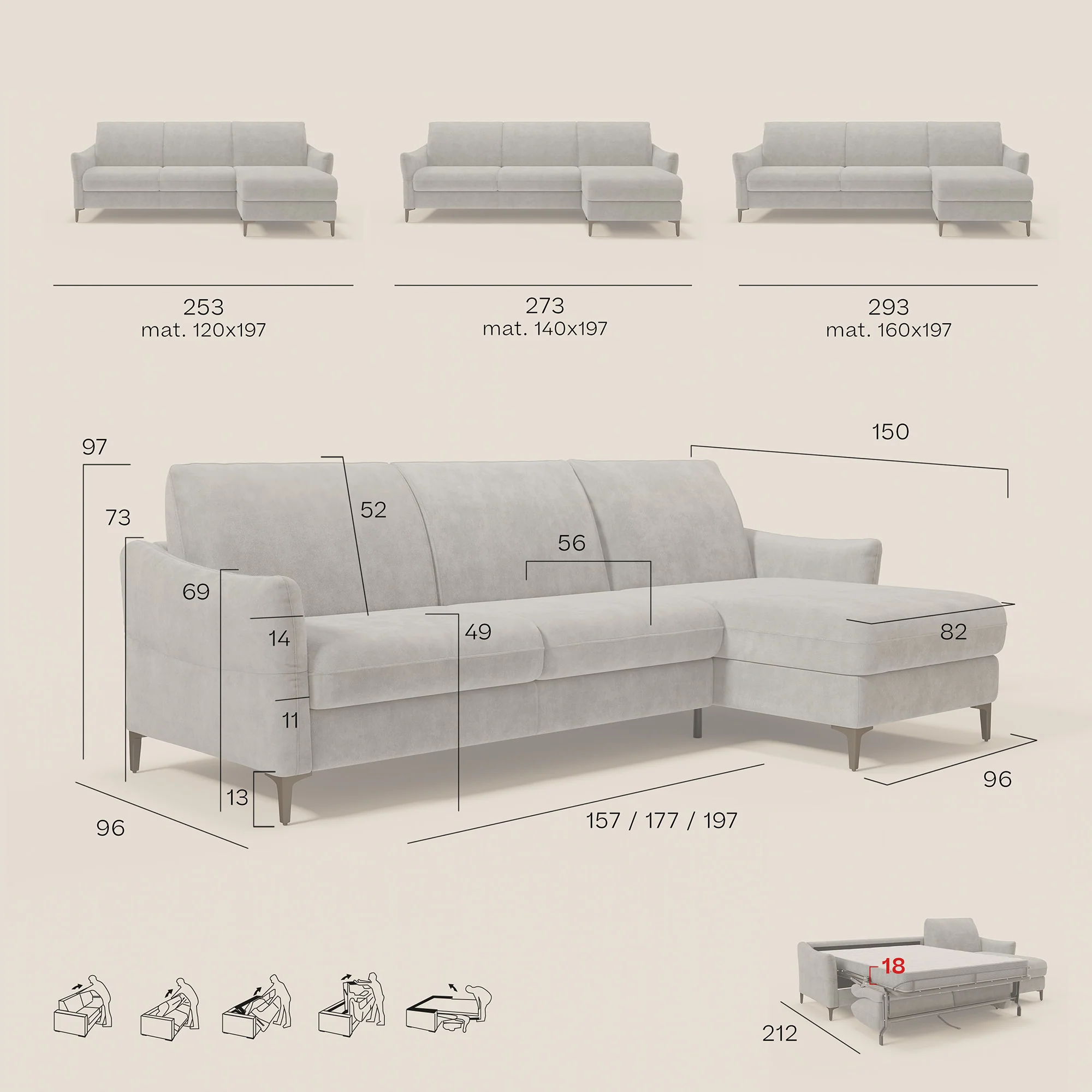 Dalia Canapé d'angle convertible avec matelas H18 cm et chaise longue coffre en tissu détachable T17 noir - Image 14