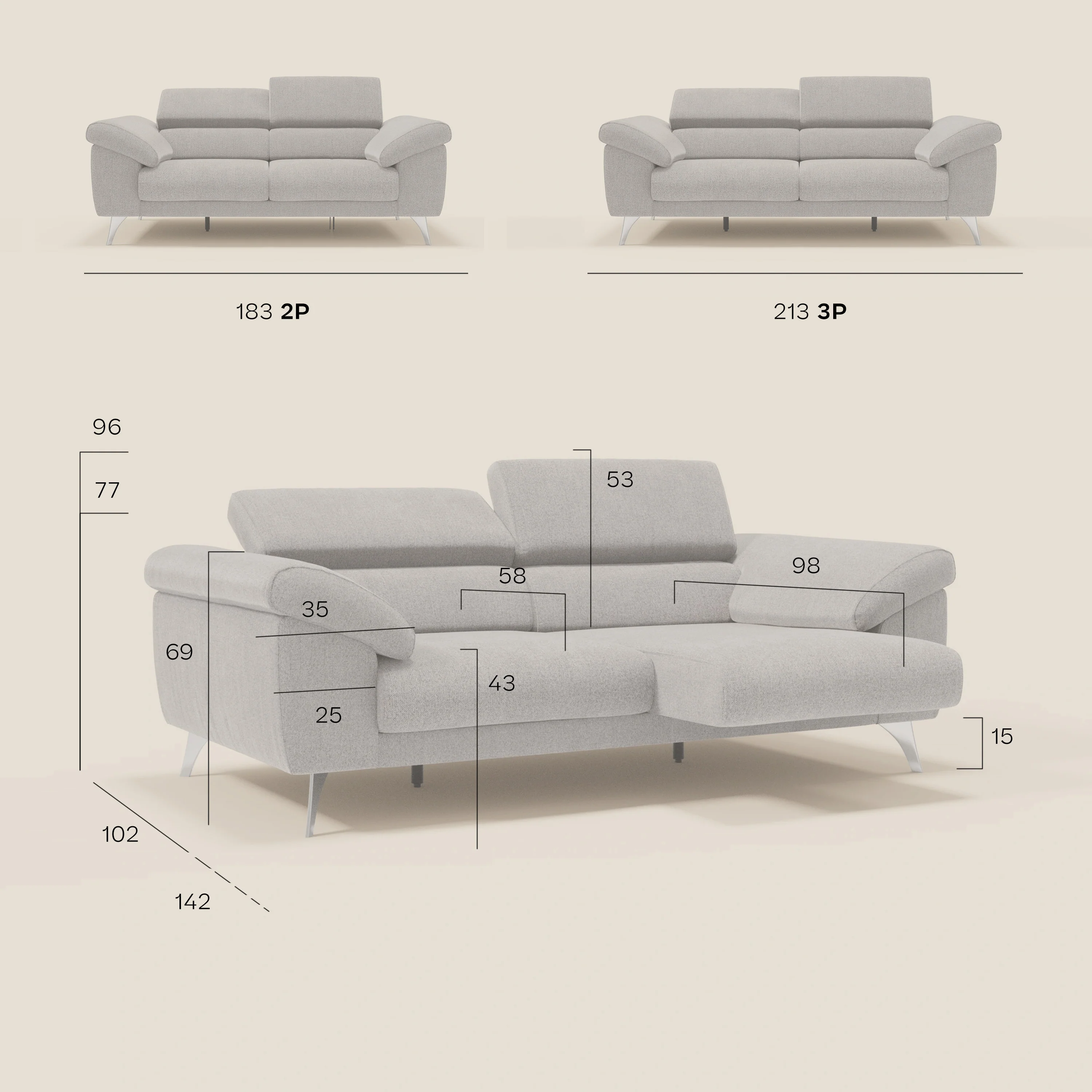 Donatello Canapé avec assises extensibles accoudoirs avec coffre et têtières inclinables en tissu détachable T23 gris - Image 13