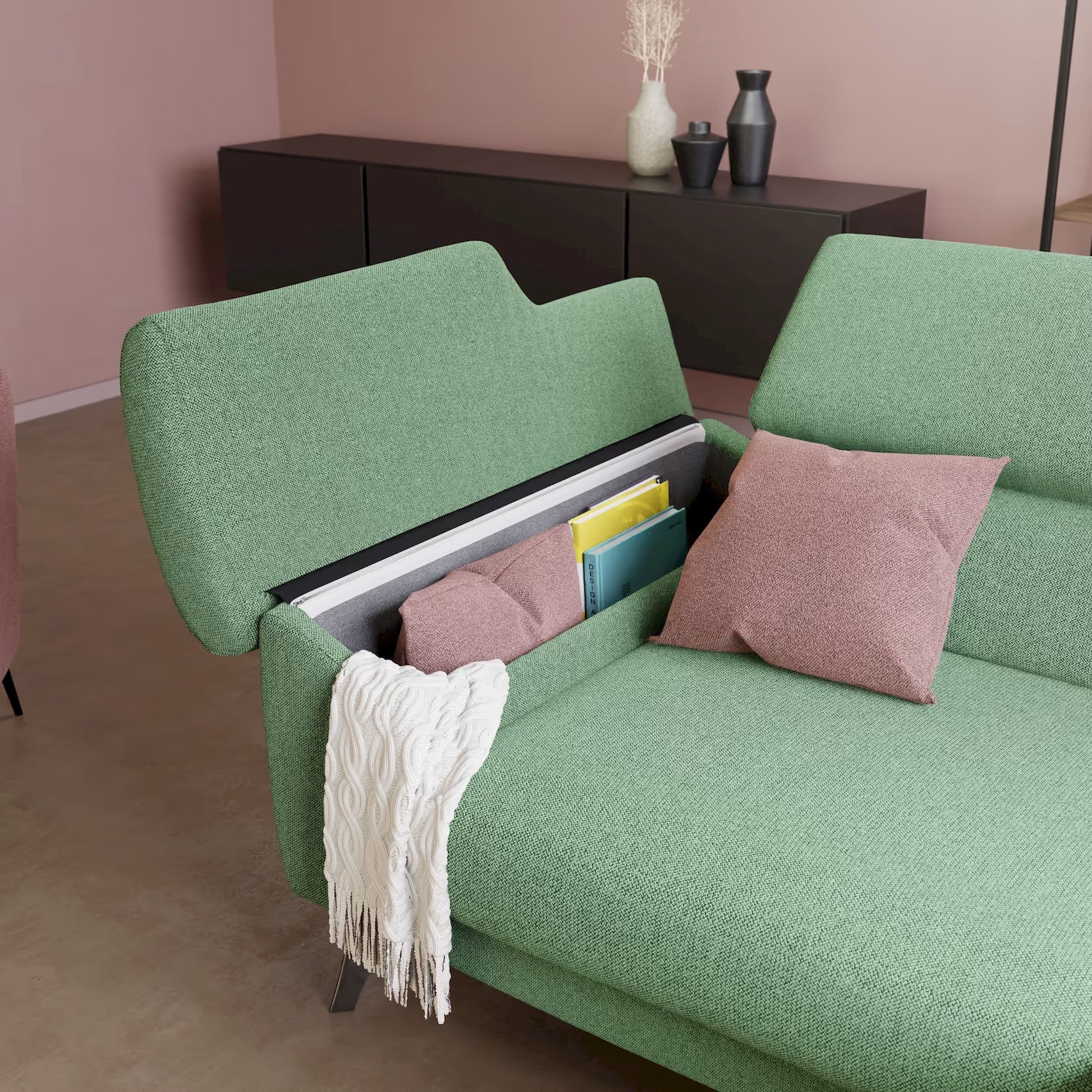Donatello Canapé avec assises extensibles accoudoirs avec coffre et têtières inclinables en tissu détachable T23 vert menthe - Image 7