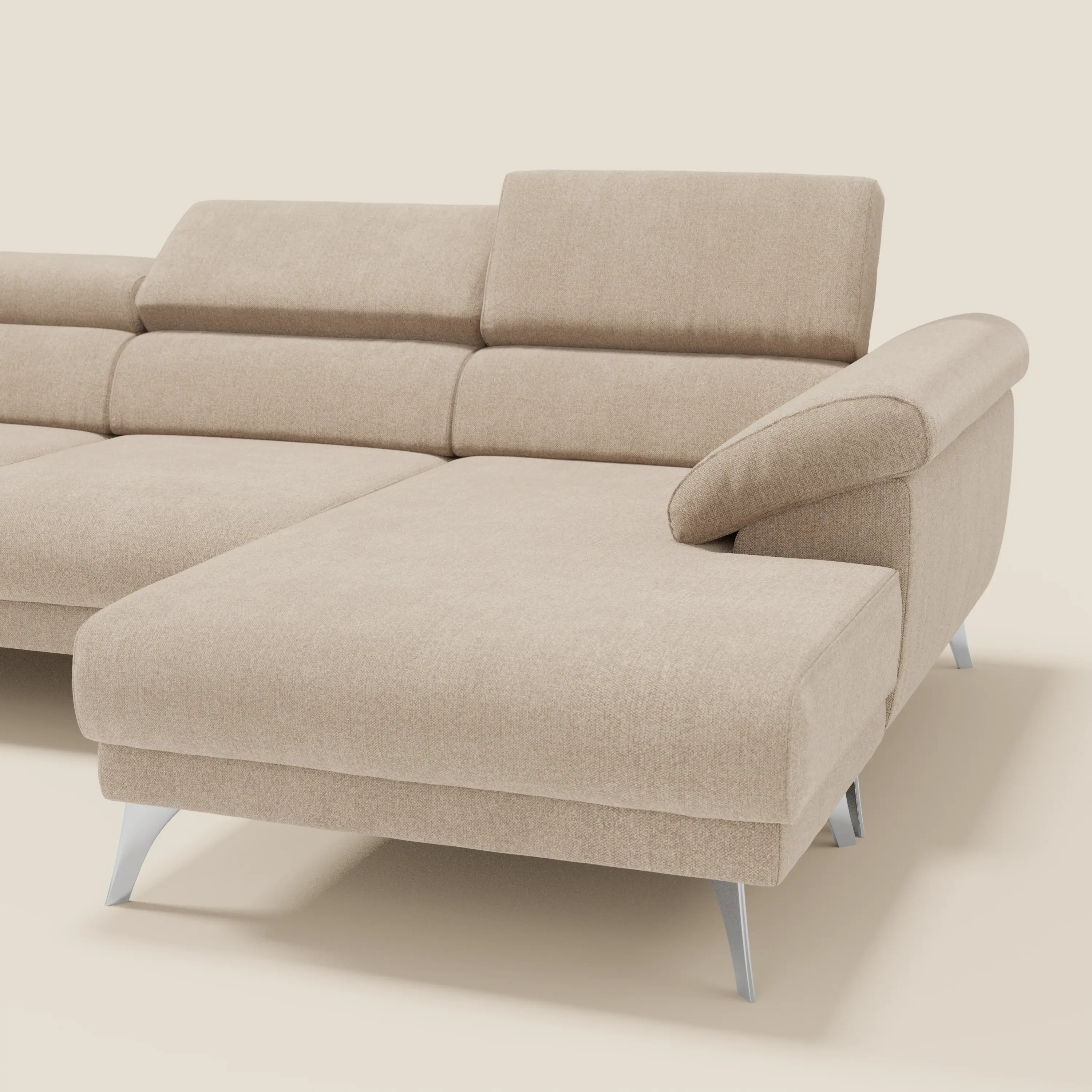 Donatello Canapé d'angle avec assises extensibles accoudoirs avec coffre et têtières en tissu détachable T23 beige - Image 12