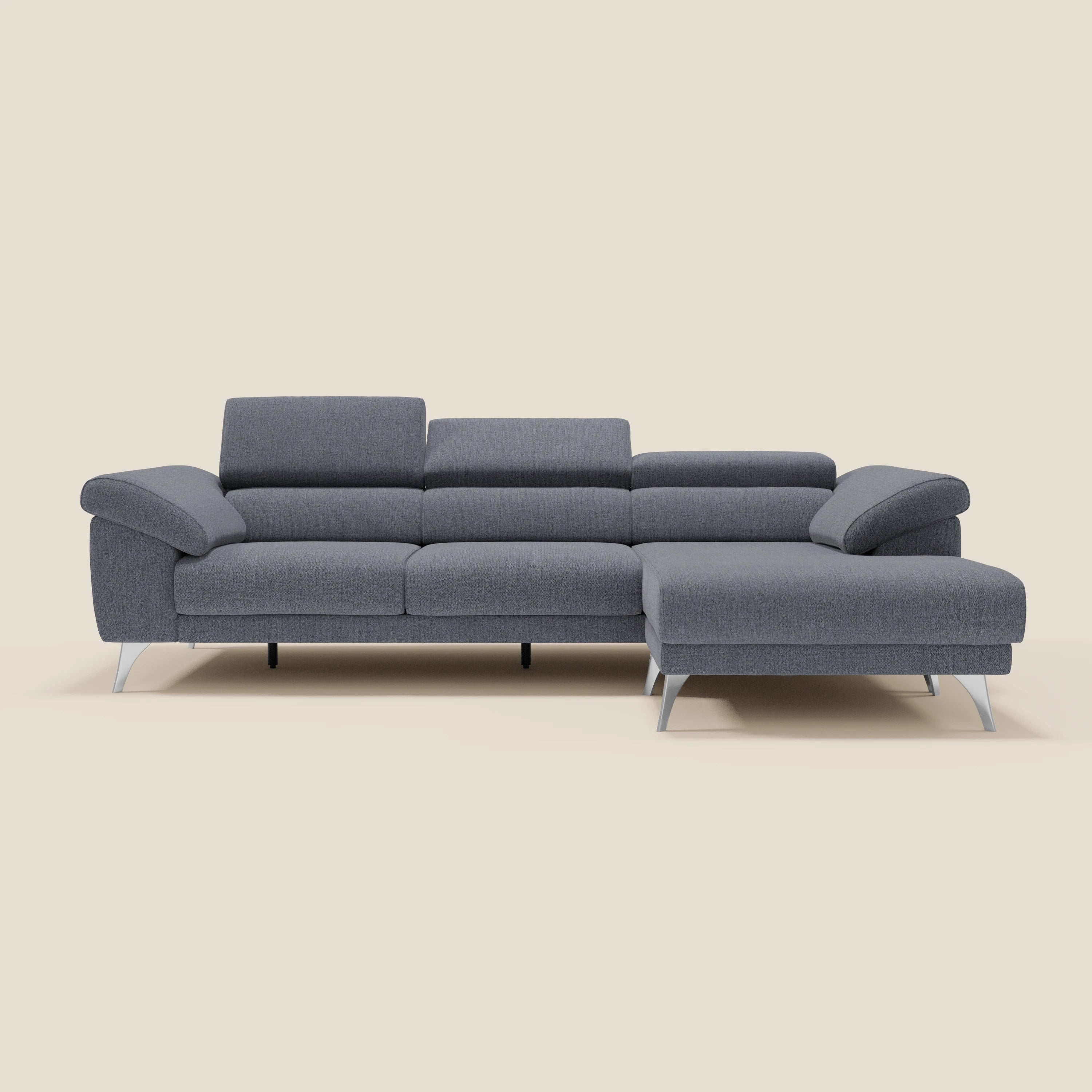 Donatello Canapé d'angle avec assises extensibles accoudoirs avec coffre et têtières en tissu détachable T23 bleu graphite