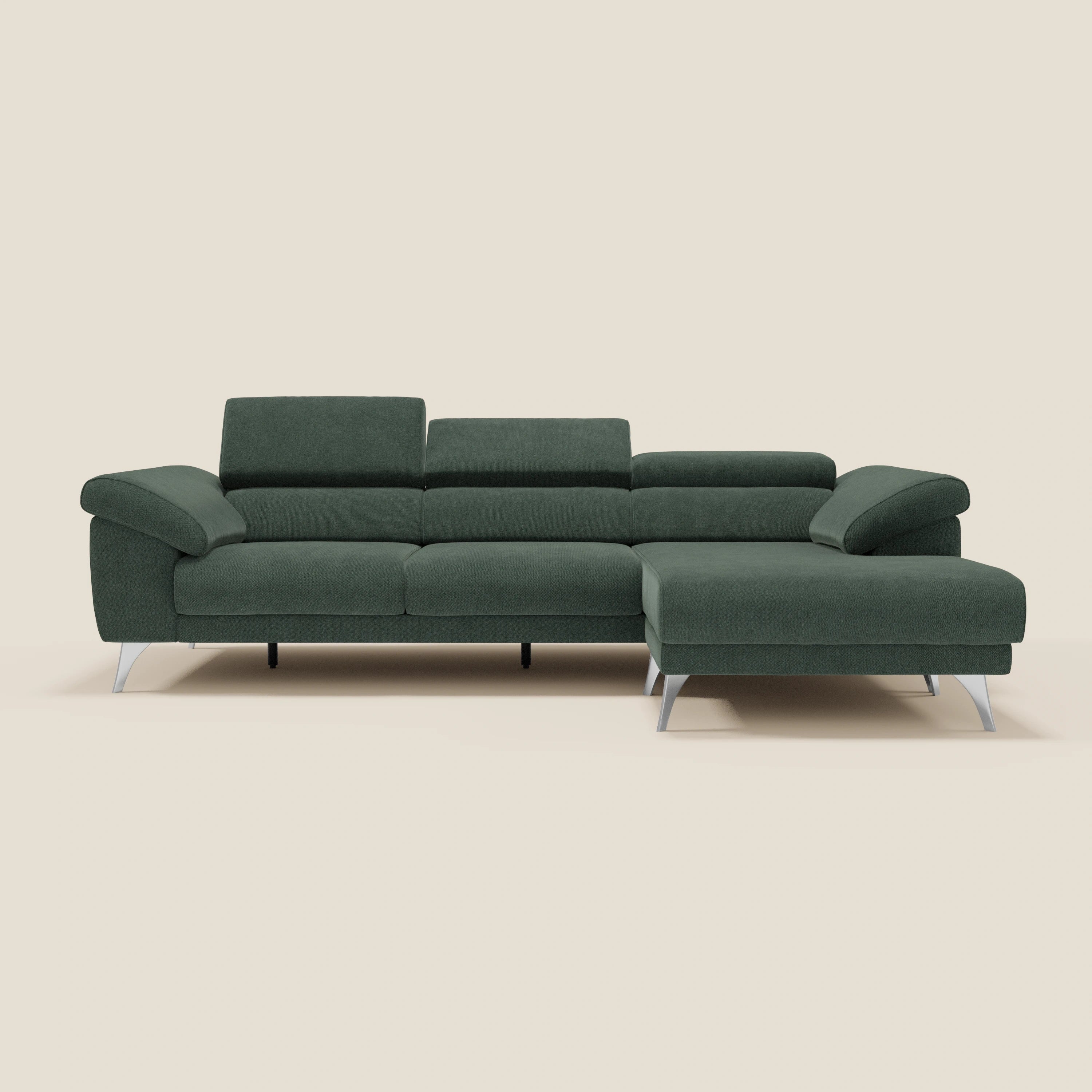 Donatello Canapé d'angle avec assises extensibles accoudoirs avec coffre et têtières en tissu détachable T23 vert