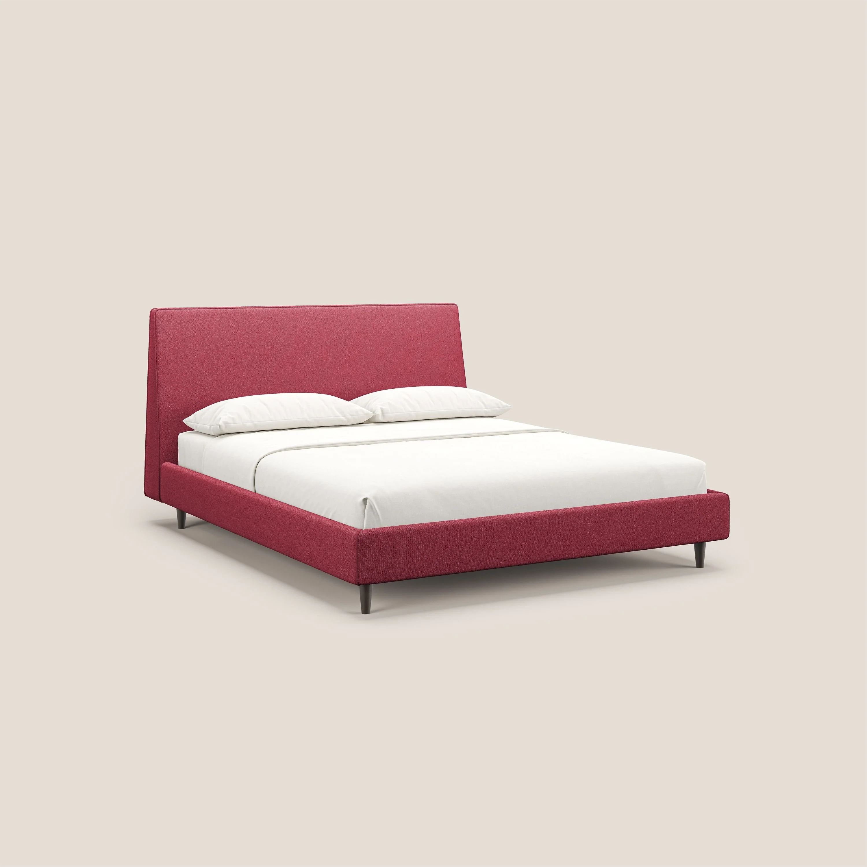 Dorotea lit rembourré avec pieds bois et tissu bouclette douce imperméable T07 rouge