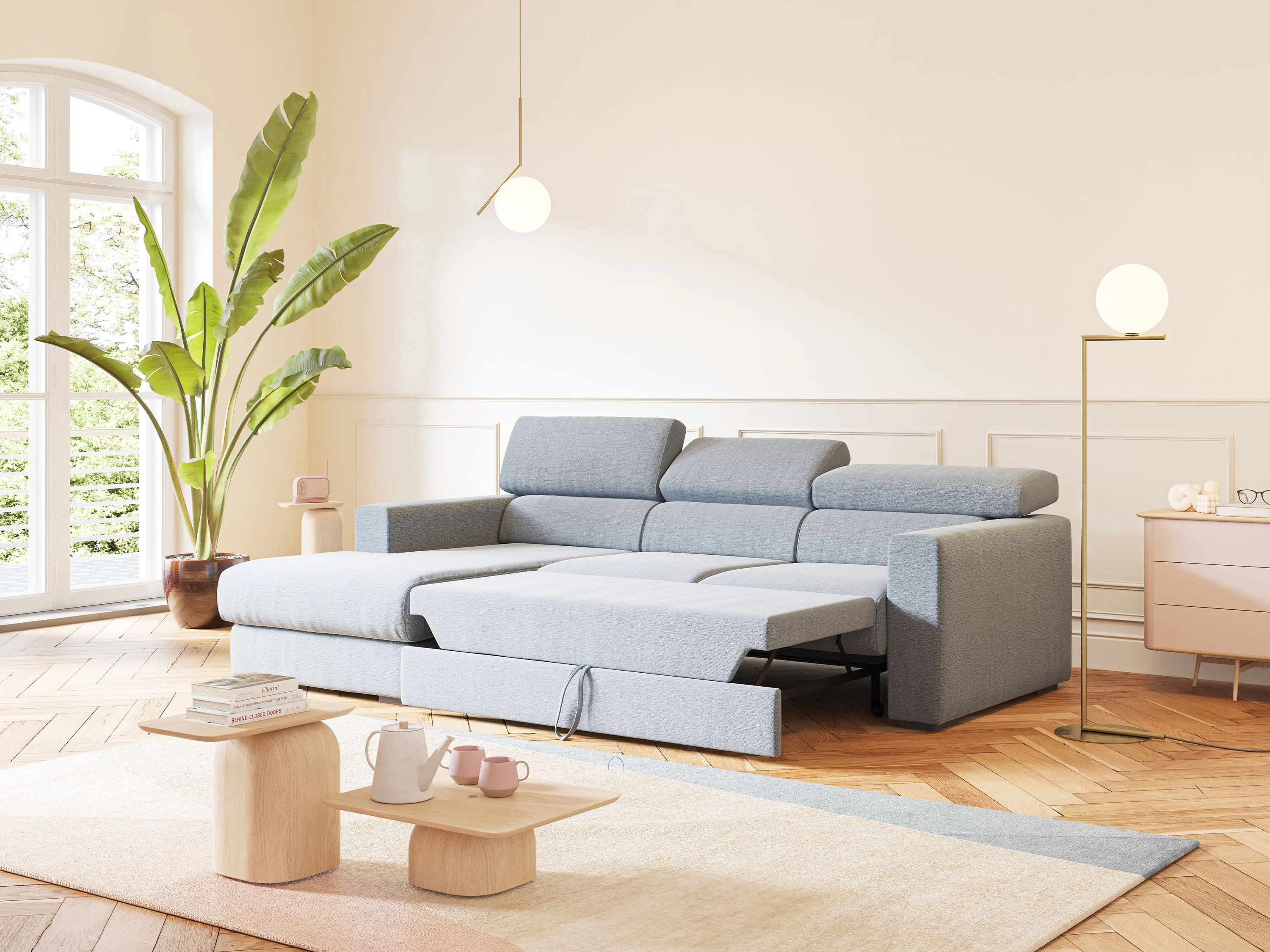 Dylan canapé d'angle avec méridienne et pouf extractible en tissu flammé effet coton imperméable T19 bleu pastel - Image 2