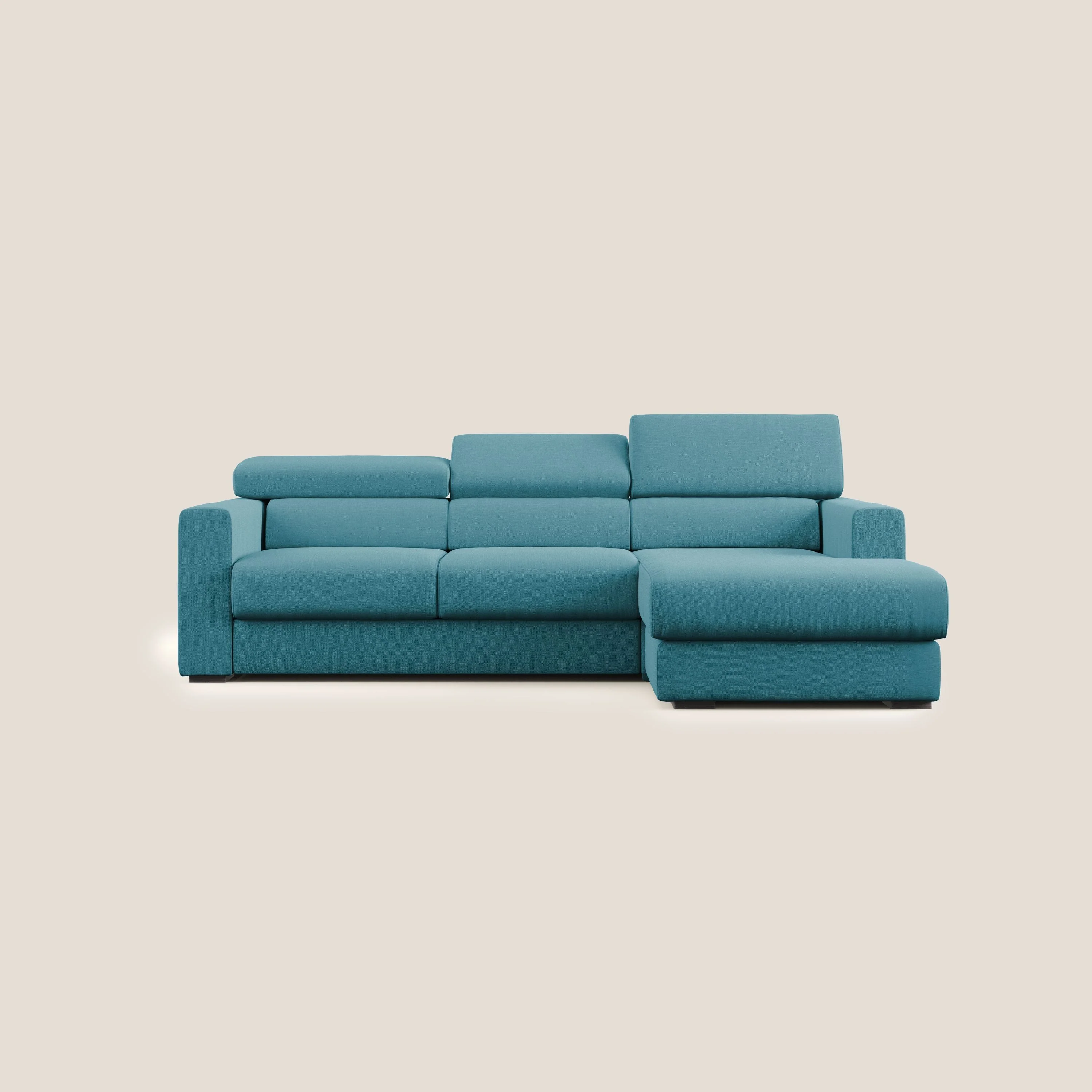 Dylan canapé d'angle avec méridienne et pouf extractible en tissu imperméable T13 bleu ciel