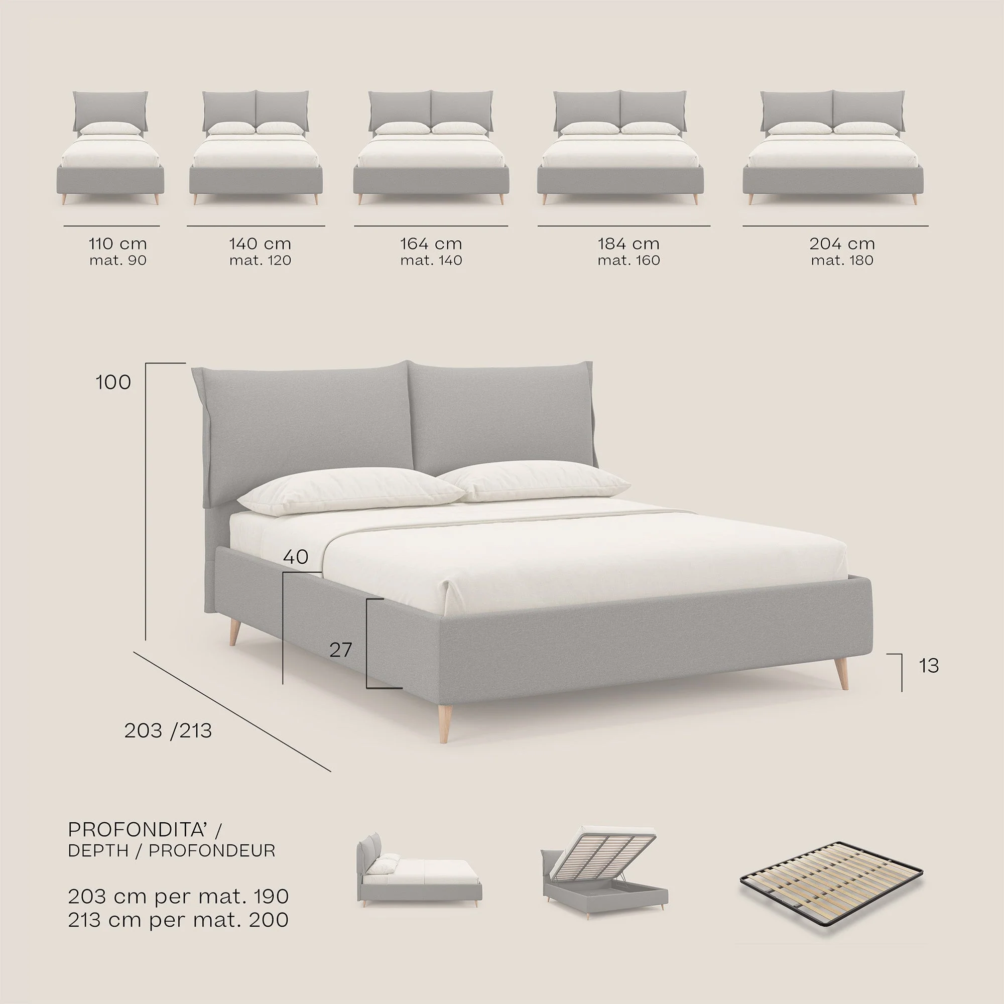 Elettra lit avec coffre de rangement déhoussable avec coussins tête de lit en tissu imperméable T13 bleu - Image 9
