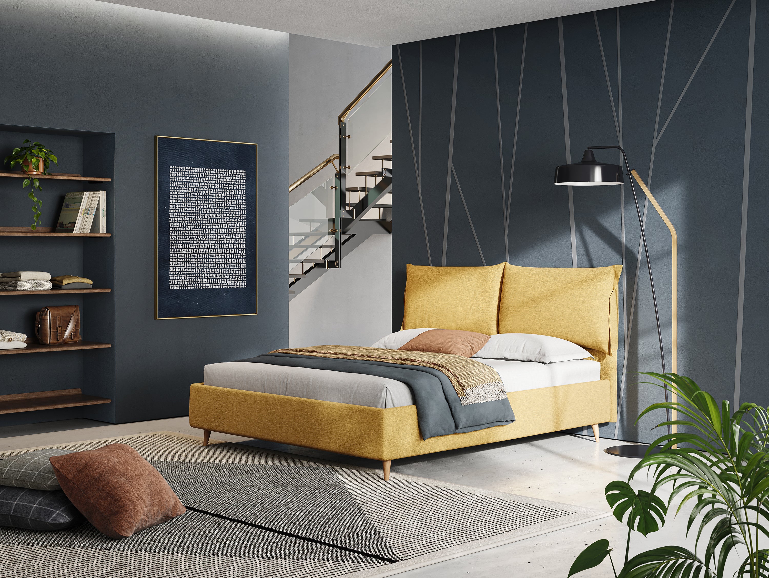 Elettra lit avec coffre de rangement déhoussable avec coussins tête de lit en tissu imperméable T13 jaune - Image 2