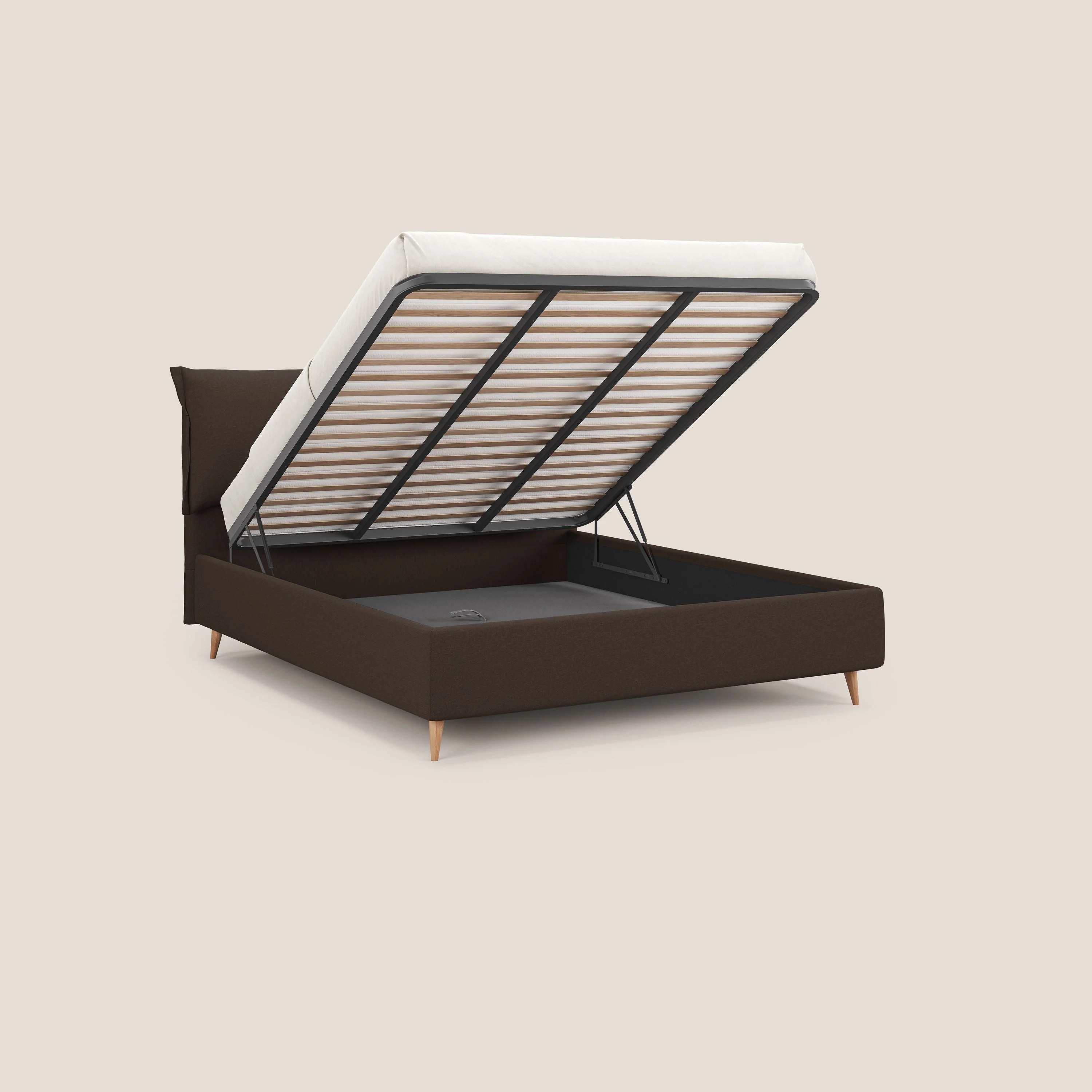 Elettra lit avec coffre de rangement dĂ©houssable avec coussins tĂȘte de lit en tissu impermĂ©able T13 marron - Image 2