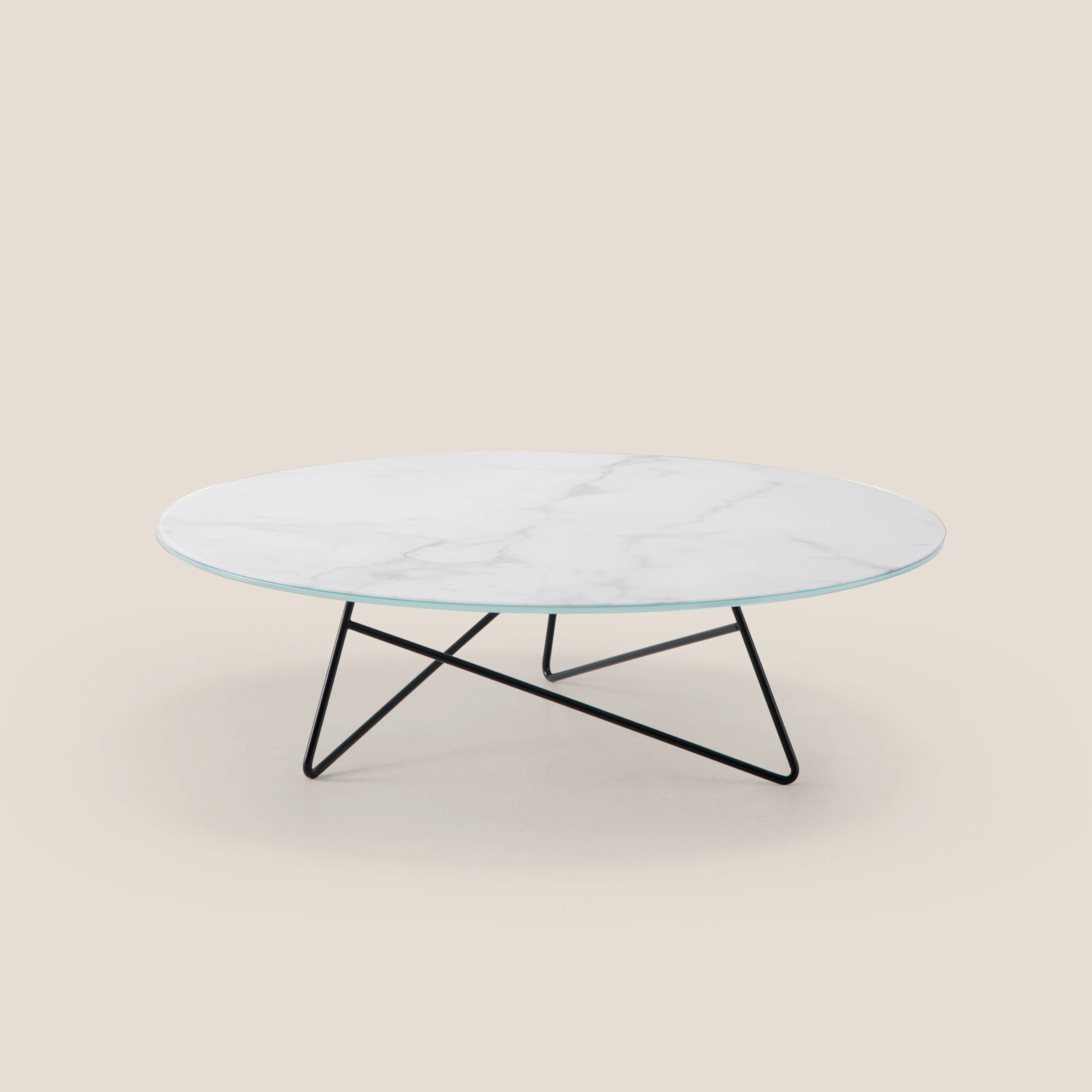 Ermione table basse ronde pour salon avec plateau en verre marbre blanc calacatta h25 noir