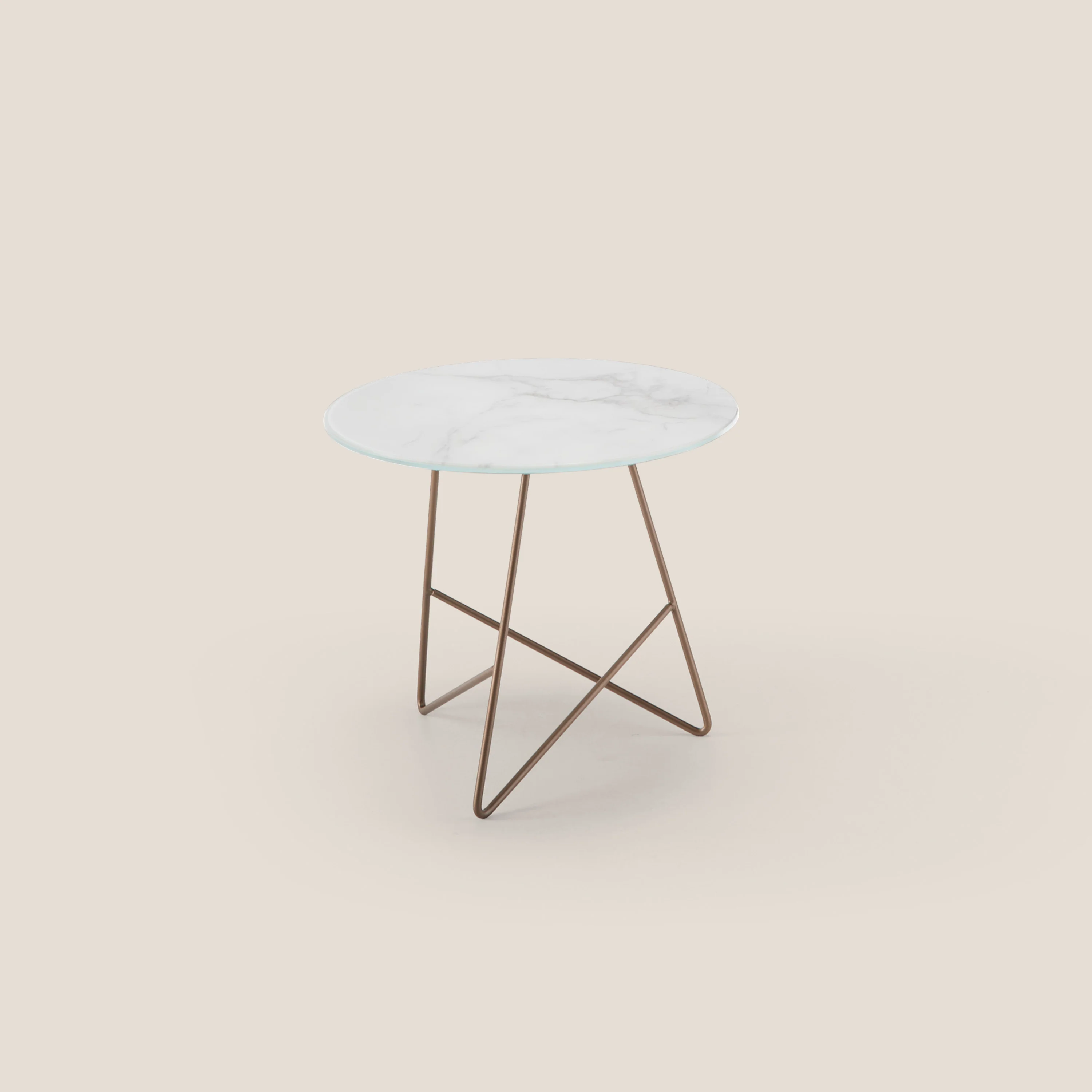 Ermione table basse ronde pour salon avec plateau en verre marbre blanc calacatta h44 cuivre