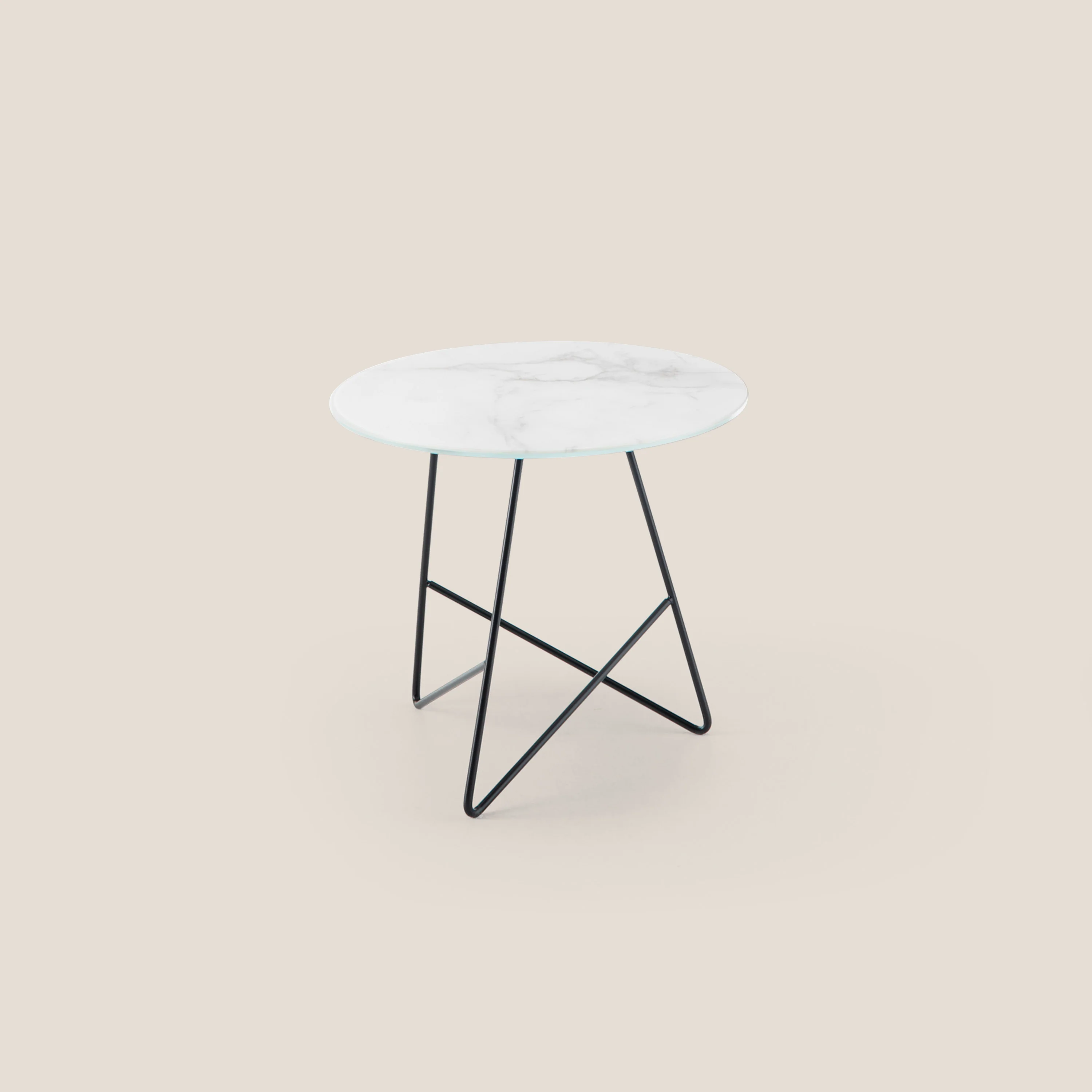 Ermione table basse ronde pour salon avec plateau en verre marbre blanc calacatta h44 noir