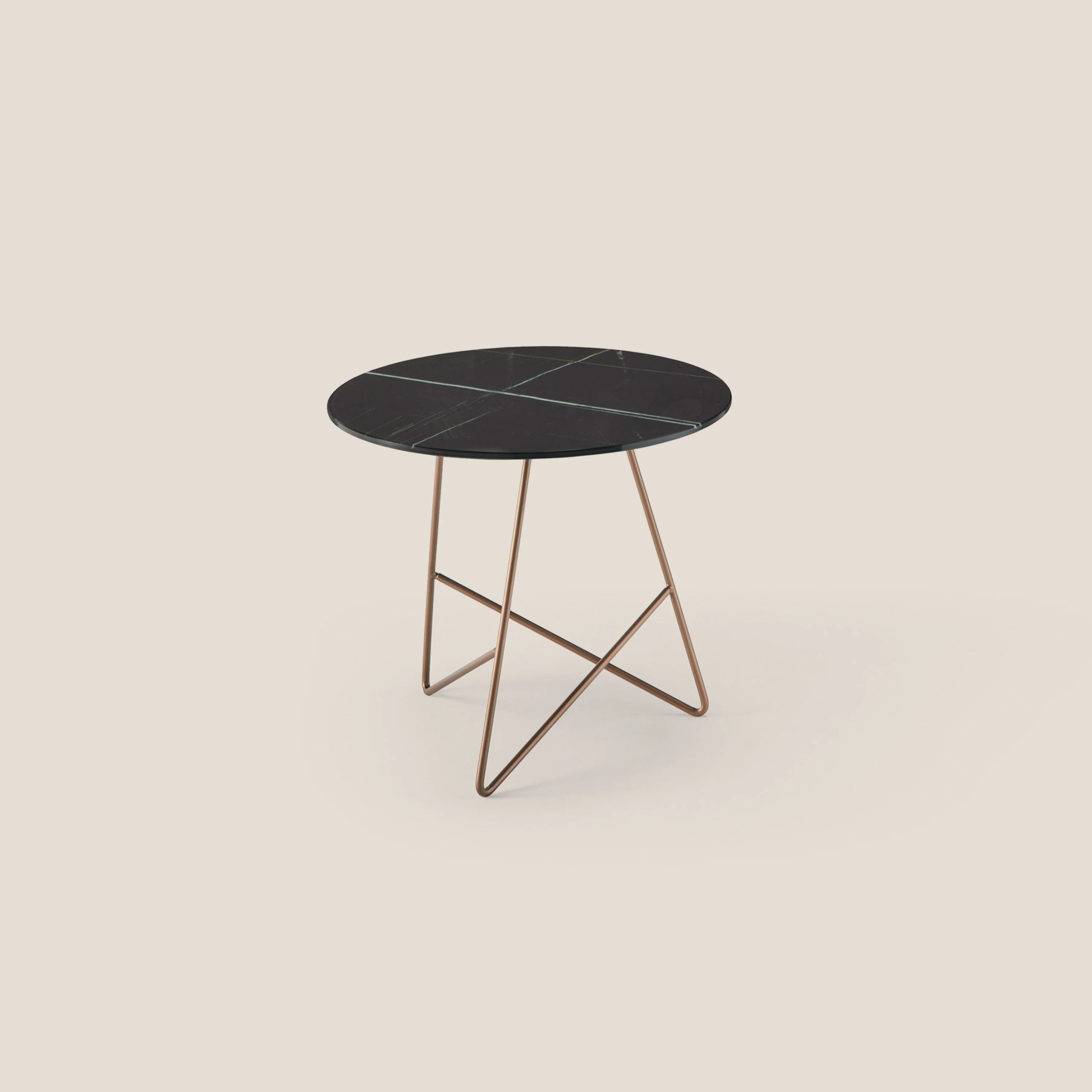 Ermione table basse ronde pour salon avec plateau en verre marbre sahara noir h44 cuivre