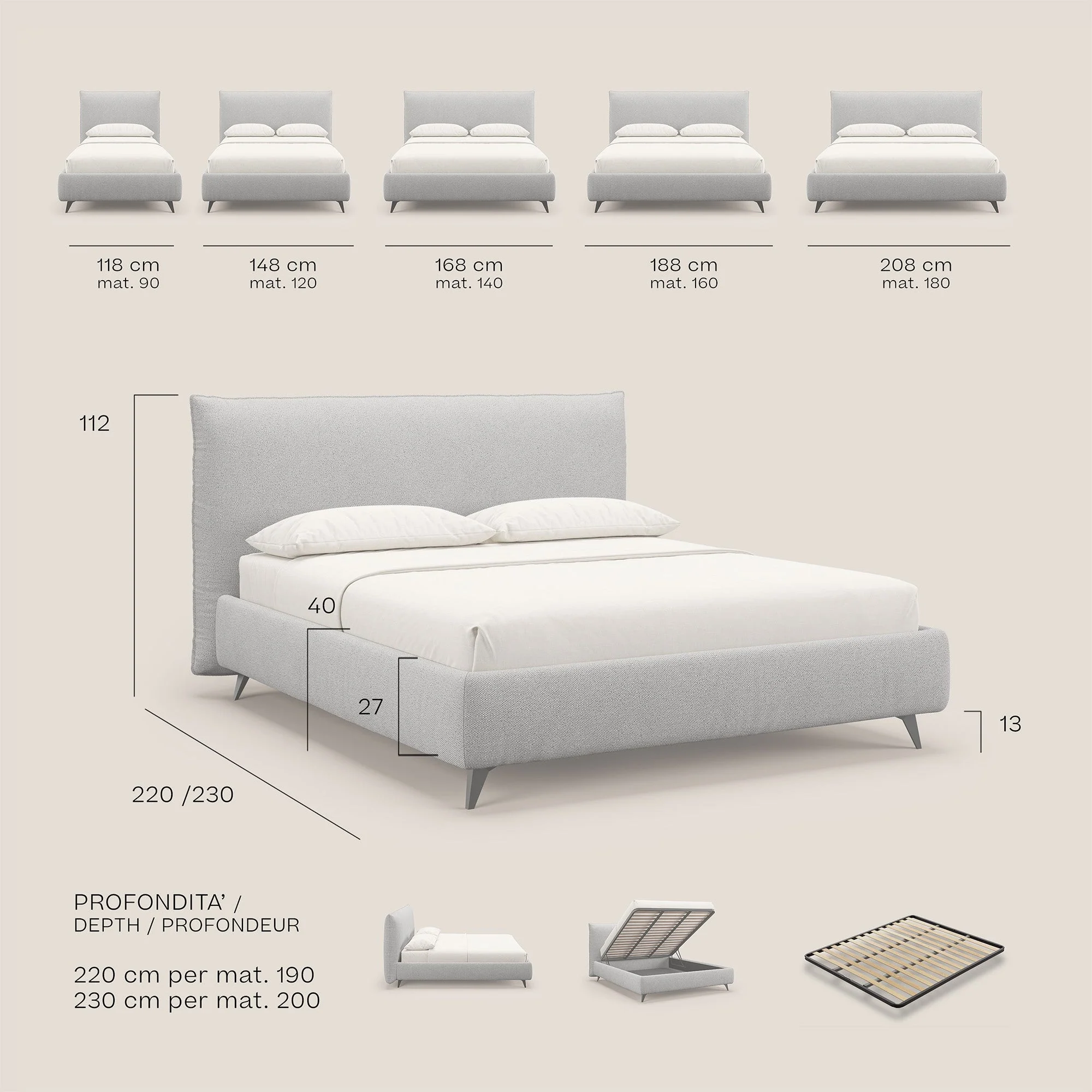 EROS lit rembourré en duvet d'oie avec coffre de rangement en bouclette précieuse détachable T16 gris - Image 9
