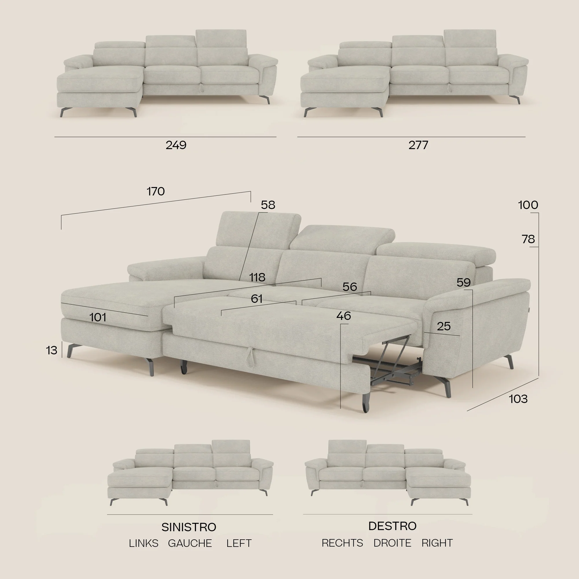 Estro Canapé extractible et chaise longue - têtières inclinables en tissu imperméable T14 gris - Image 15