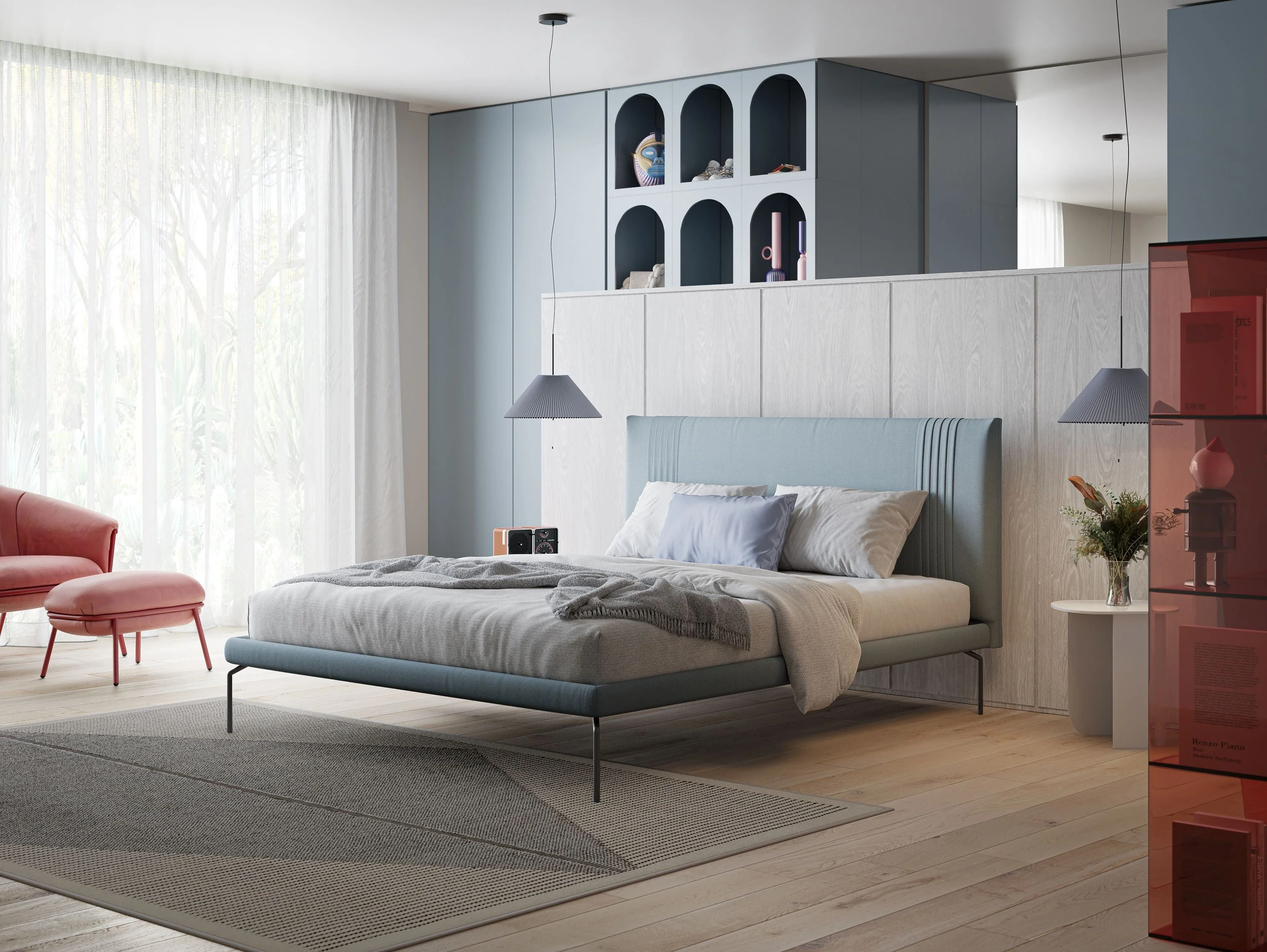 Finn lit rembourré avec pieds hauts en métal en tissu détachable T05 bleu gris - Image 2