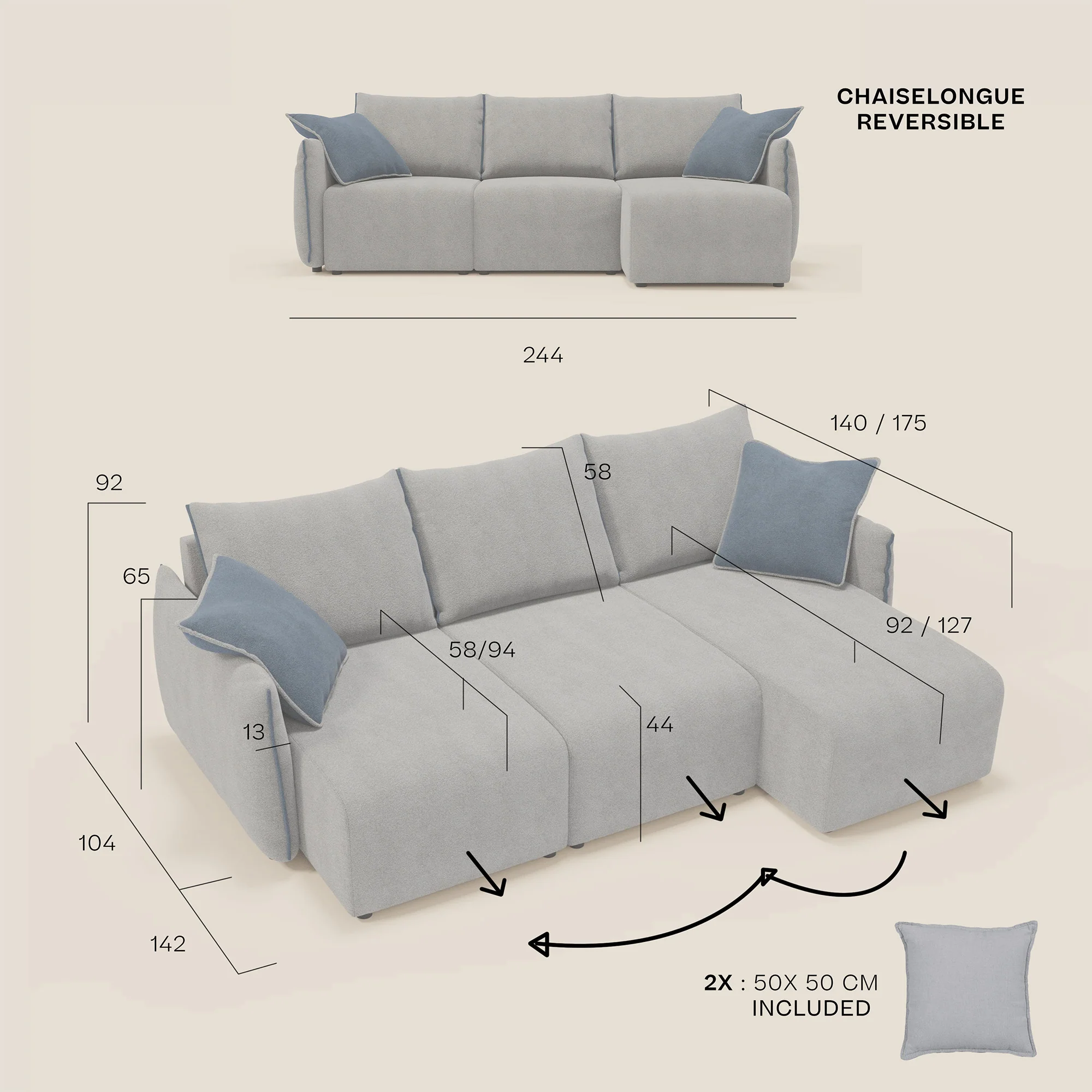 Flexar Canapé d'angle réversible avec assises coulissantes en bouclette douce imperméable T07 - Image 14
