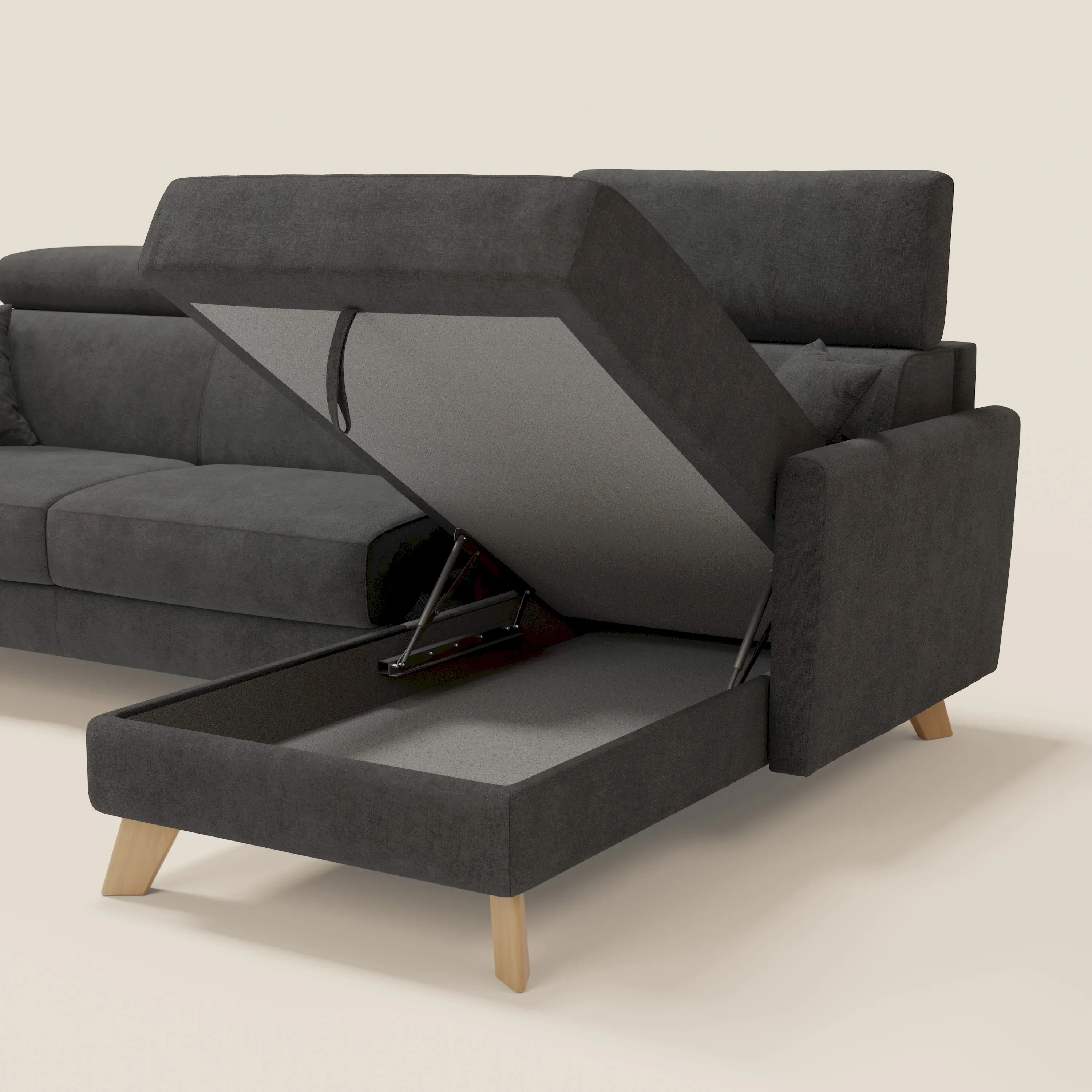 Francy canapé d'angle convertible déhoussable - méridienne avec coffre et têtières inclinables en tissu détachable T17 anthracite - Image 7