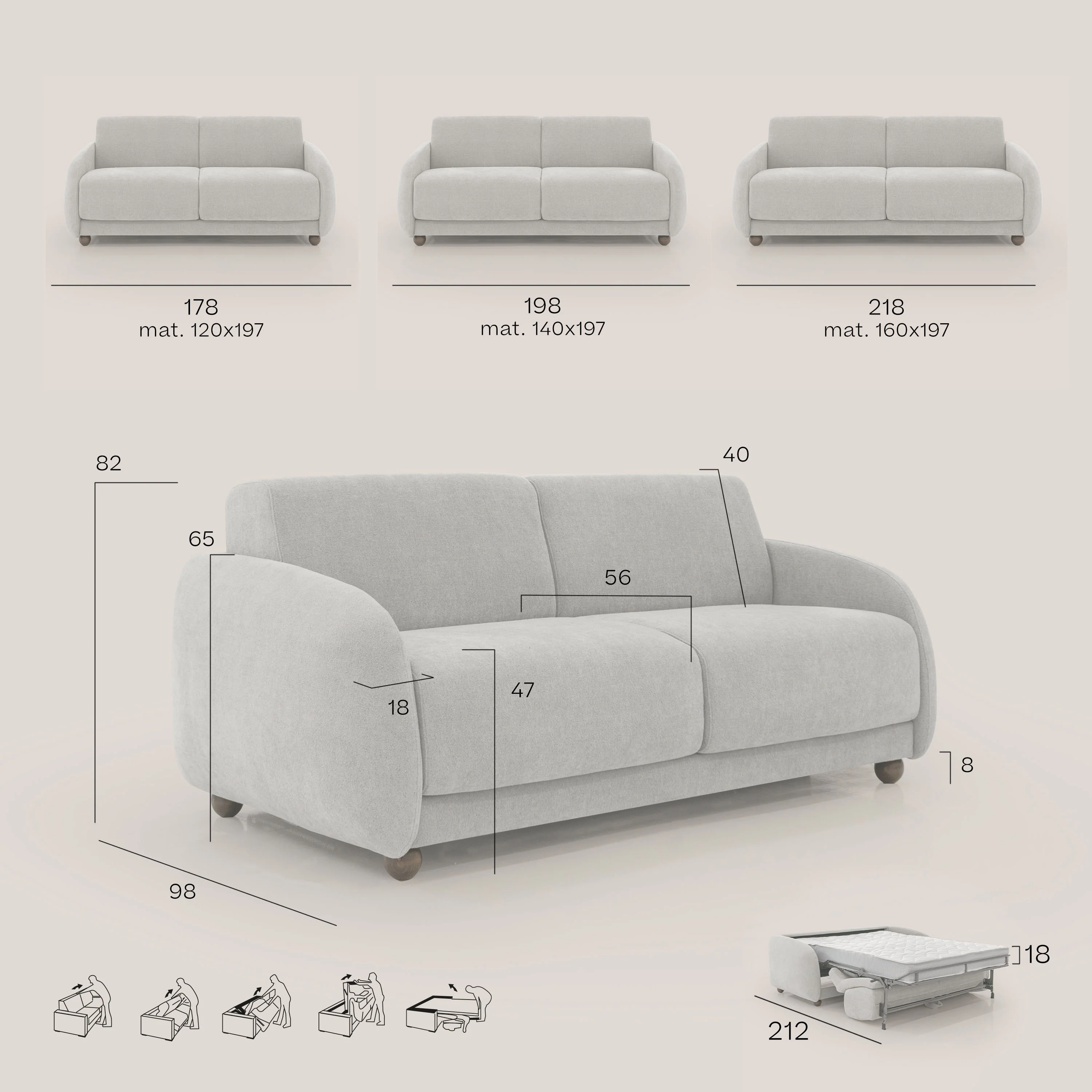 Giglio canapé convertible Japandi avec matelas H 18cm en bouclette imperméable T07 rose - Image 11