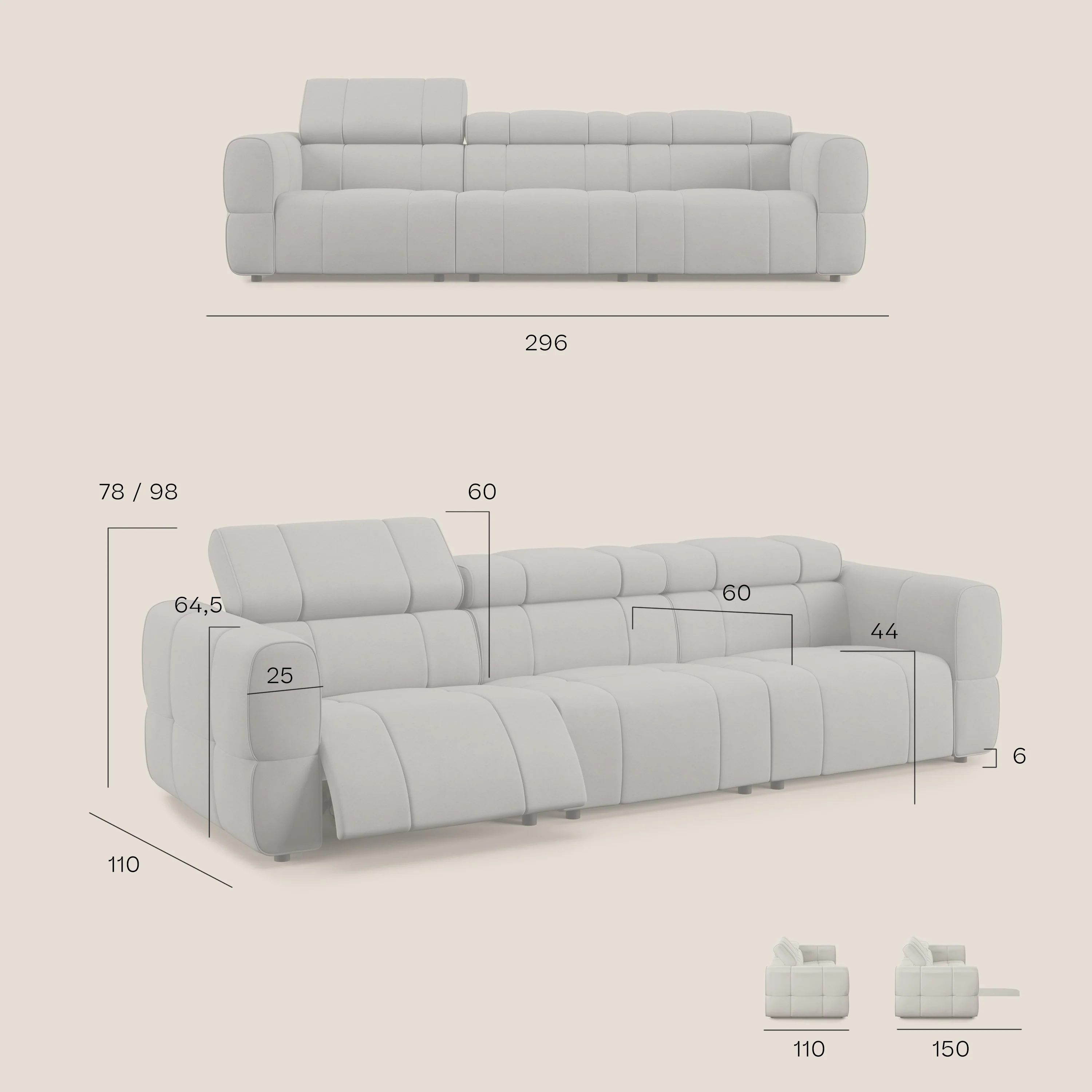 Giotto Canapé modulaire à 3 assises avec option relax électrique en microfibre imperméable effet velours T09 jaune - Image 10