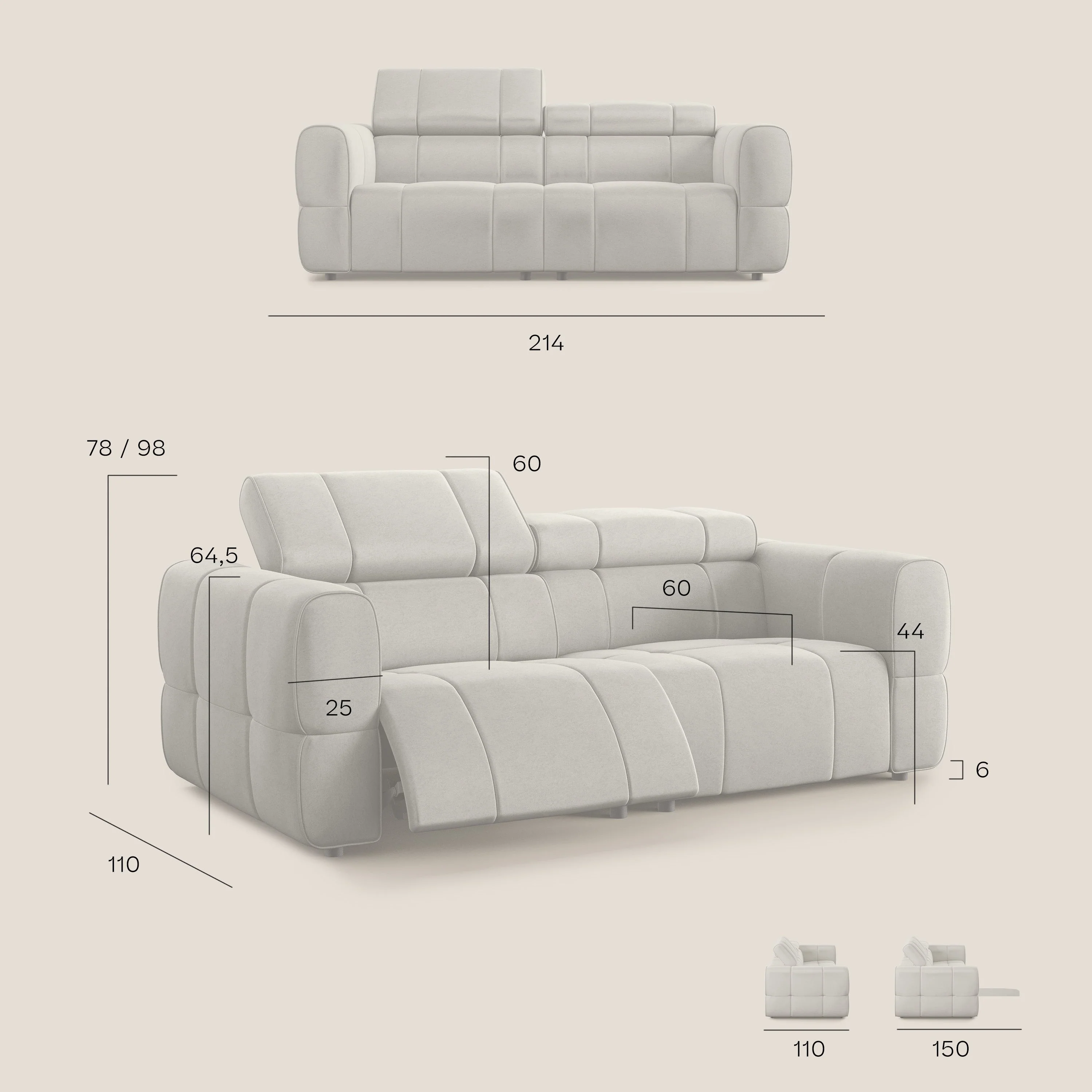 Giotto Canapé modulaire avec option relax électrique en microfibre imperméable effet velours T09 sucre glace - Image 10