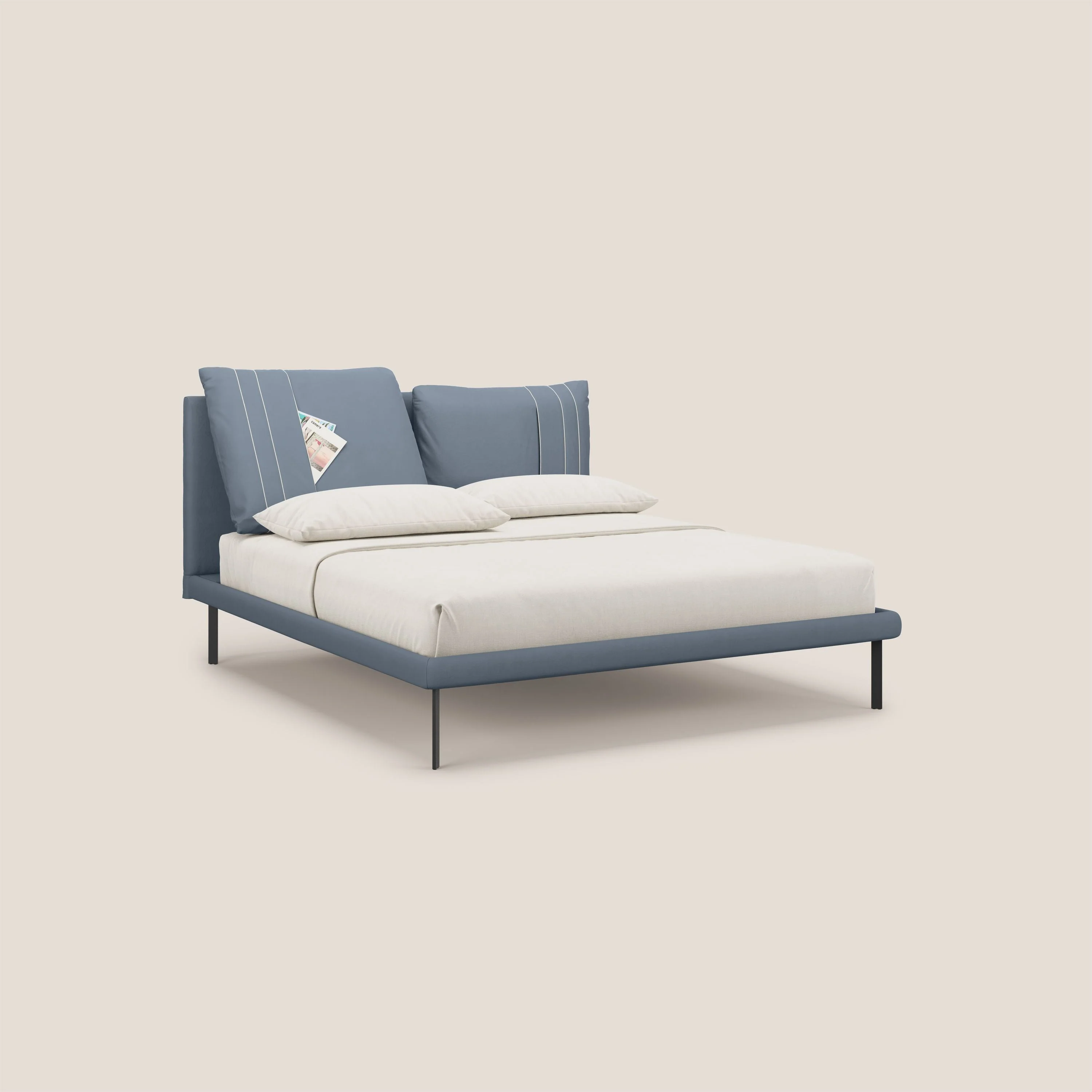 Giselle lit moderne avec coussins tête de lit réglables avec poches en microfibre imperméable T11 bleu gris