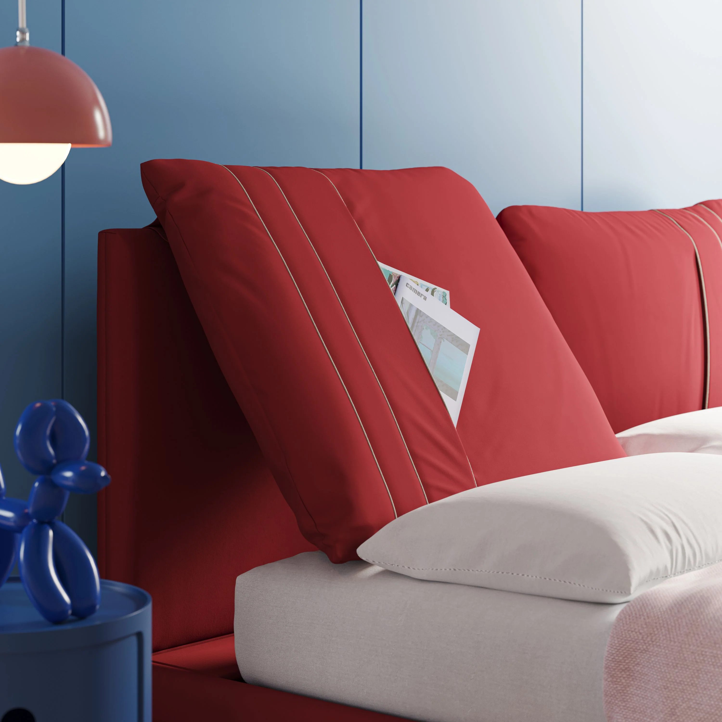 Giselle lit moderne avec coussins tête de lit réglables avec poches en microfibre imperméable T11 rouge - Image 8