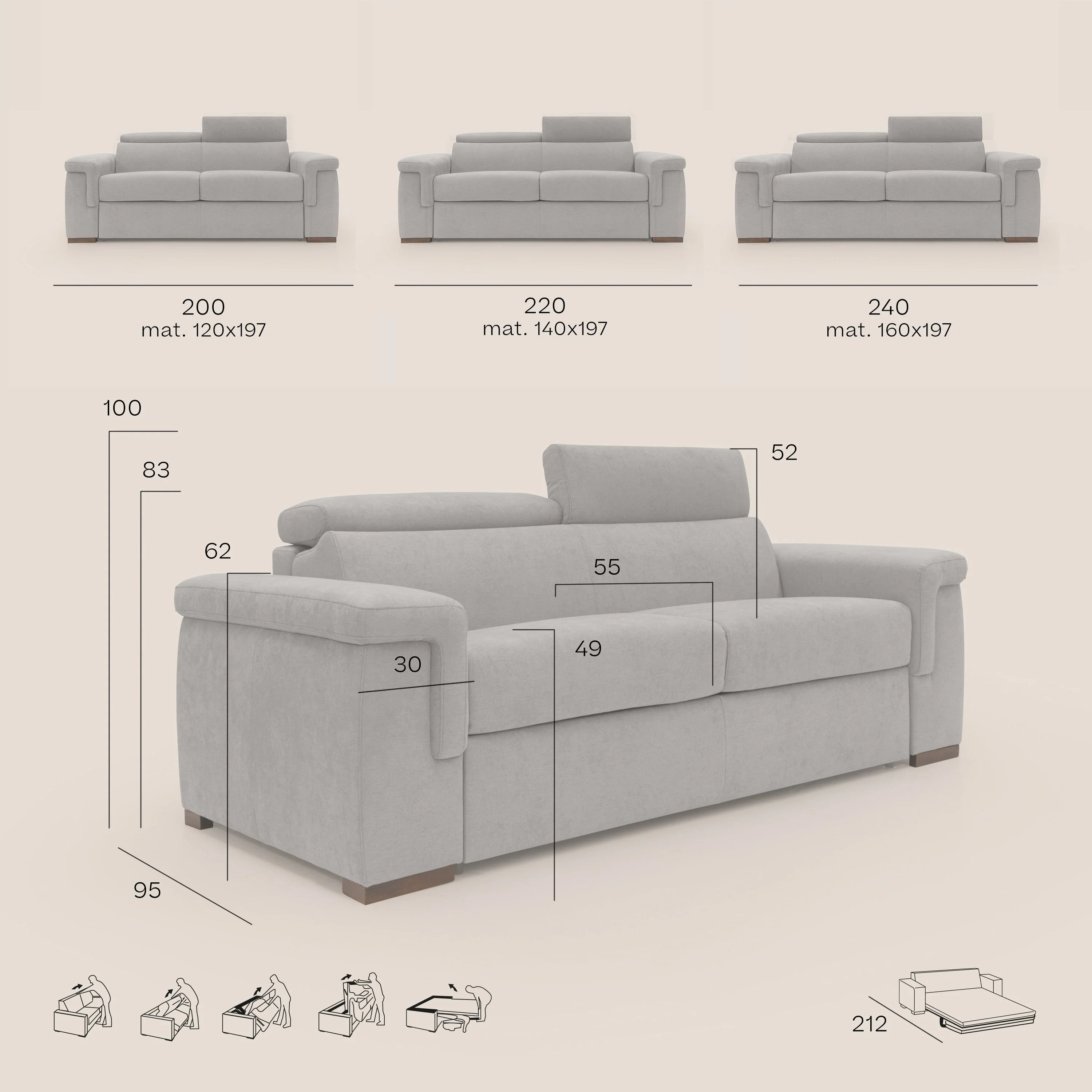Giunone canapĂ© convertible avec matelas de 18 cm et tĂȘtiĂšres inclinables en tissu impermĂ©able T02 gris - Image 13